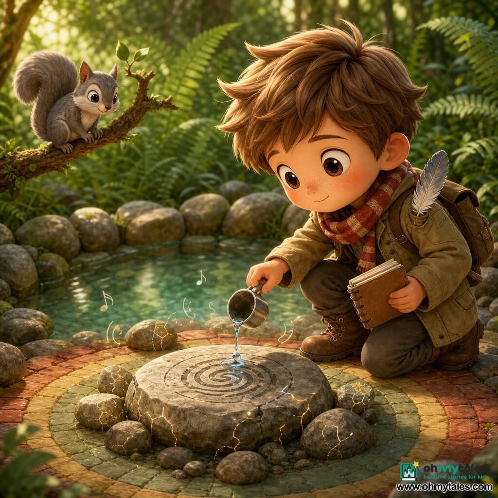 A boy (Milo, ~10) with light brown hair and a gentle, focused face in explorer clothes (khaki jacket, red-striped scarf, dirty boots) kneeling on a dry rock, holding a small pewter cup and notebook, pouring a precise drop of water onto a flat stone engraved with a spiral; a bright gray squirrel with round curious eyes sits on a nearby branch to the left; a small gray-and-white feather peeks from Milo’s pocket like a talisman; setting: a bowl-shaped clearing ringed by smooth round rocks with a crystalline pool at the center, striated ground in warm ochre, sand-yellow and stone-green, dense green ferns and dappled sunlight; the drop touches the engraving revealing a wet spiral and the surrounding rocks subtly "vibrating" (suggested by wavy lines and tiny musical notes), calm, curious, respectful atmosphere.