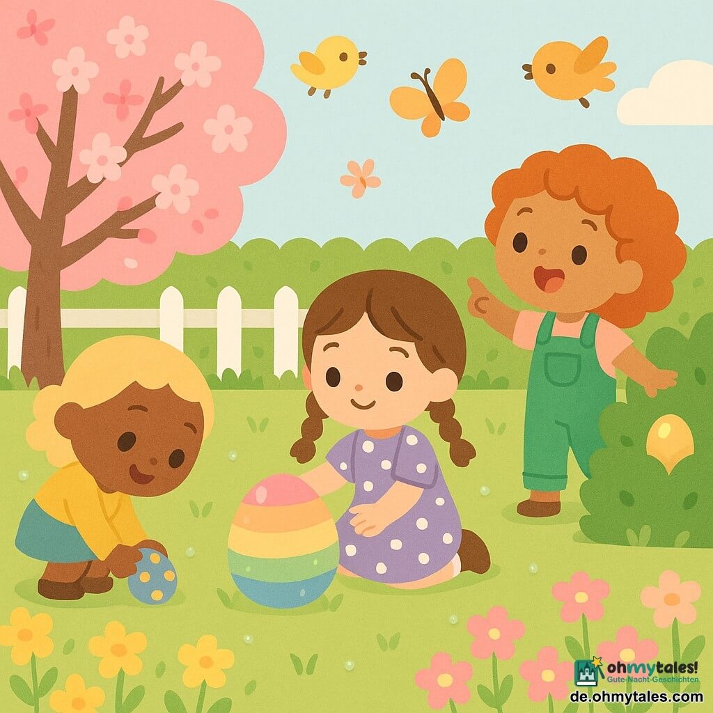 Drei Mädchen im Frühlinggarten: Lila, 5, braune Zöpfe, violettes gepunktetes Kleid, kniet in der Mitte und berührt lächelnd ein großes regenbogenfarbenes Ei; Emma, 4, kurze blonde Haare, gelber Pullover und blauer Rock, links, hebt staunend ein kleines blaues Ei mit gelben Flecken auf; Mia, 5, lockiges rotes Haar, grüne Latzhose, rechts, steht und zeigt lachend auf ein goldenes Ei im Gebüsch. Heller Garten mit taubewachsenem Gras, links ein blühender Kirschbaum, Blumenbeete vorn, Hecke und weißer Holzzaun hinten, hellblauer Himmel mit sanfter Sonne oben rechts. Kleine runde Vögelchen fliegen, ein oranger Schmetterling weist auf das versteckte Ei, fröhliche Stimmung, kräftige Farben, einfache Formen und weiche Konturen.