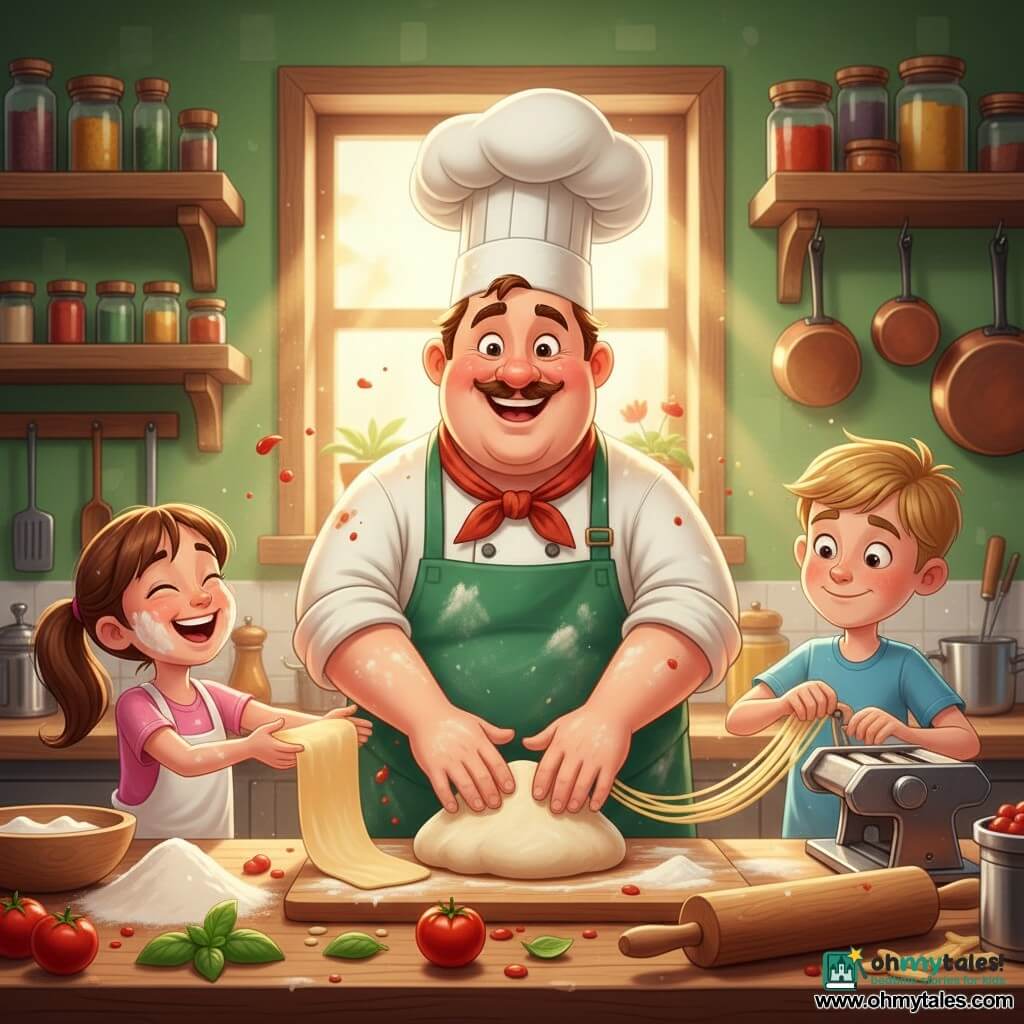 A round jovial chef wearing a large white toque and a flour-streaked green apron smiles broadly with rosy cheeks and sparkling eyes as he kneads a ball of dough on a wooden counter; an 8-year-old girl, Emma, with brown hair in a ponytail and a flour-dusted face laughs and reaches to hand him a sheet of dough from his left, while a slightly shy but enthusiastic 10-year-old boy, Jake, with short blond hair pretends to crank a pasta machine on the chef’s right; the bright, warm restaurant kitchen has green walls, wooden shelves filled with colorful spice jars, hanging copper pots and sunlight through a window; on the counter are powdery white flour, shiny red tomatoes, green basil leaves and a large wooden rolling pin; the scene focuses on pasta-making with dough stretching into long translucent sheets, splashes of red sauce and laughter in a joyful, lively atmosphere, rendered in vivid colors, sharp contrasts, soft textures and crisp cel-shaded shadows, centered on the characters and warm gestures, seen from a slight high angle with clear focus on faces and hands in action.