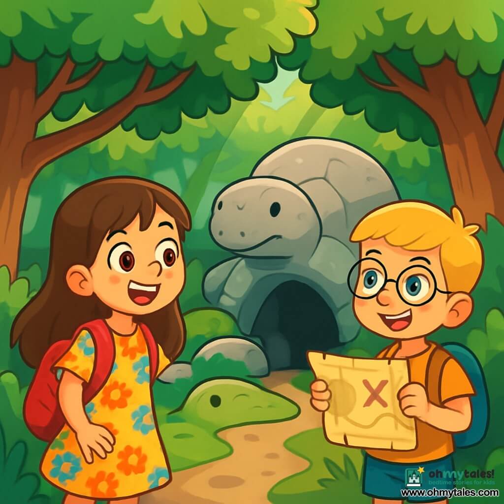 An 8-year-old girl named Lily, with long brown hair and sparkling curious eyes, stands in front of a large turtle-shaped rock. She wears a colorful floral dress and a backpack filled with adventures, her face glowing with excitement and wonder. Beside her is her best friend Ben, an 8-year-old boy with blond hair and round glasses, smiling enthusiastically while holding a treasure map. They are at the entrance of a mysterious forest, where majestic trees with vibrant green leaves create a natural canopy above them. Sunlight filters through the branches, casting dancing shadows on the ground. In this scene, Lily and Ben discover a secret path leading to a hidden cave, their eyes bright with anticipation as they prepare to explore the treasure that awaits them.