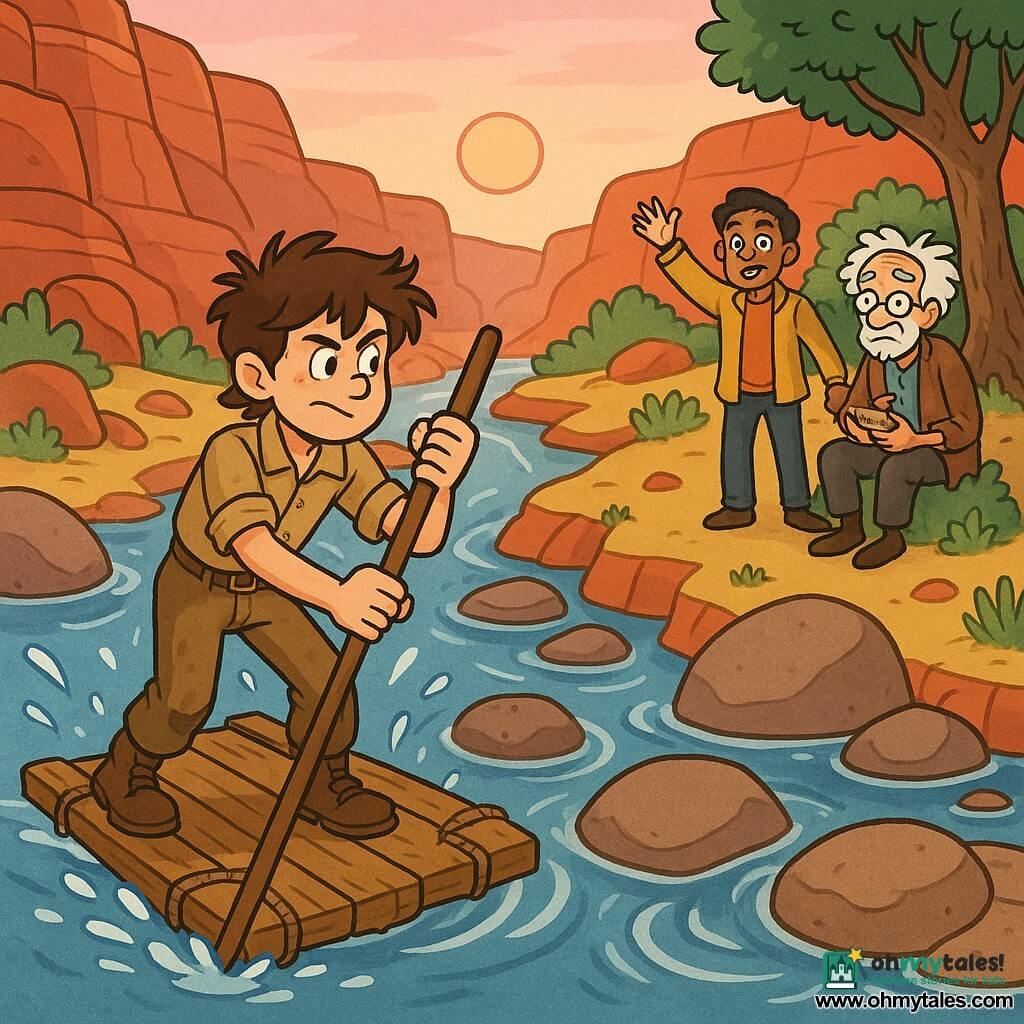 A young explorer boy (about 14), smiling yet focused, messy brown hair, dusty earth-colored clothes and worn boots, holds a long wooden pole planted in the water while piloting a small raft of planks lashed with ropes; his friend Anil (about 15), joyful with short black hair and a light mustard jacket, stands on the opposite bank a few meters from the current with arms raised; an old man, Eshan (about 70) with tousled white hair, small glasses and simple worn clothes, sits under a tree set back on the bank holding a small boat carving and watches benevolently; setting is a red-orange sandstone canyon with striated walls, round stones, a silver ribbon river winding between boulders, green moss and sage clumps and a pink sunrise sky; the raft glides near a large mid-river rock creating whirlpools, the explorer pushes the pole with tense muscles, splashes animate the scene, a dynamic composition emphasizing the current and perseverance.