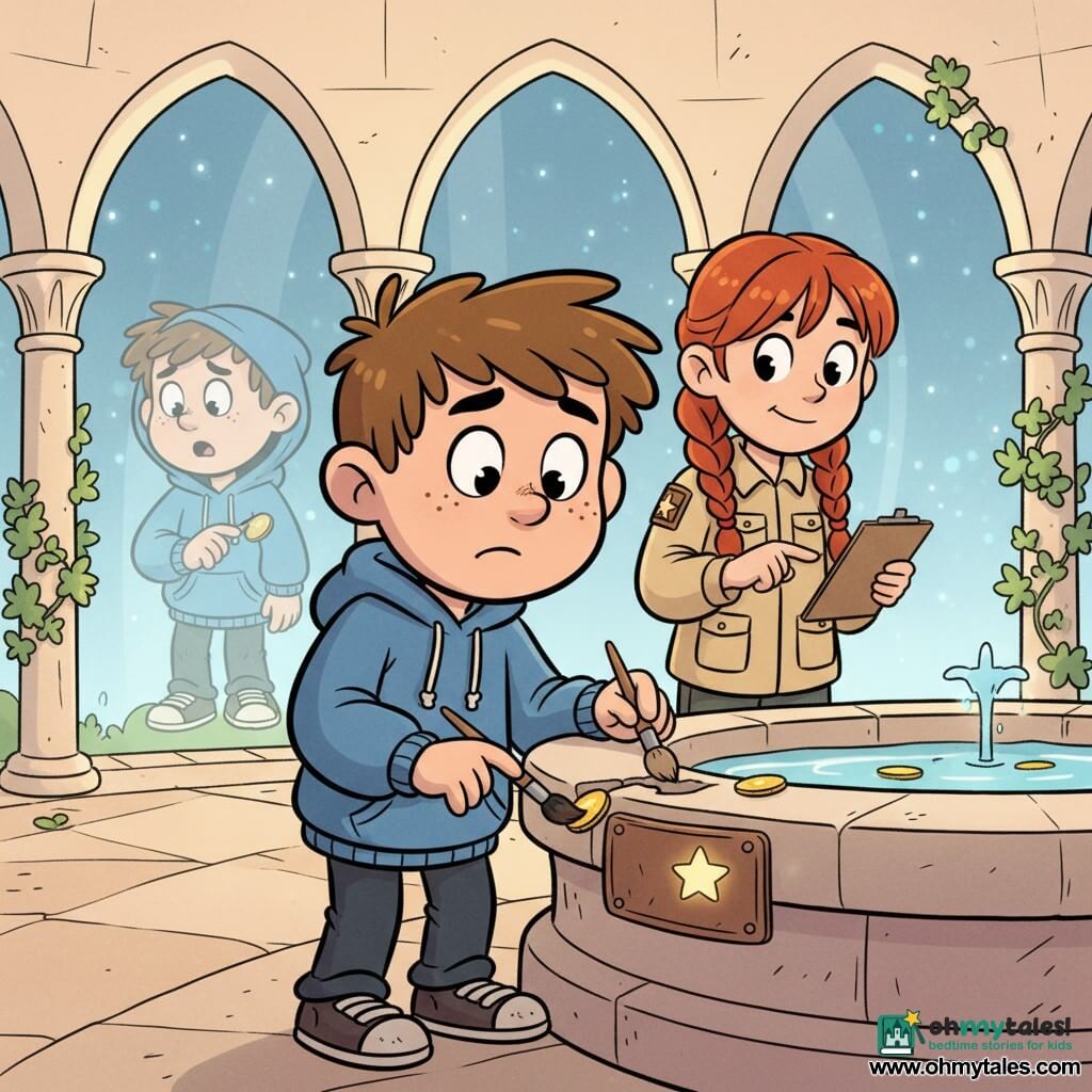 A 10-year-old boy, Milo, round face with freckles and messy brown hair, looking focused and slightly nervous, in a blue hoodie and worn sneakers, holds a small wooden brush and gently nudges a coin toward the edge of a polished stone fountain; an ~11-year-old girl, Saffron, with braided red hair and a beige jacket with many pockets, stands just behind him to the right, calm and encouraging, holding a notebook/clipboard and pointing at a bronze plaque; a second 10-year-old boy, Milo’s double, appears set back to the left, hood up, surprised and embarrassed, holding a coin above the basin and almost translucent like a fading memory. The setting is a bright cloister of pale smooth stone with pointed arches casting soft blue-amber light, ivy dotted with tiny glowing spots, a central fountain with glass-like water and a bronze plaque near the rim bearing a small shining star sticker. Milo is gently averting a time loop by pushing a stuck coin from a crack with his brush; a star pocket watch on his pocket glows faintly, creating a calm, wondrous atmosphere. Palette: warm amber and wood, soft blues, golden coins, bronze and cream stone; rounded lines and exaggerated expressions in a retro cartoon style.