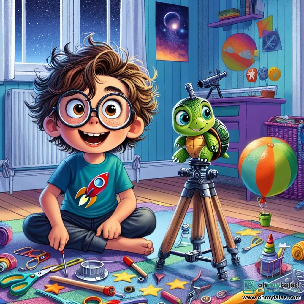 An 11-year-old boy named Miles is sitting on a colorful rug in his room, his eyes wide with surprise and joy. He has messy brown hair, round glasses, and is wearing a blue t-shirt with a rocket design. Next to him is a small turtle named Tilly, with a shiny green shell and sparkling eyes, proudly standing on a pile of spatulas and balloons, sporting a mischievous expression. The room is decorated with astronomy posters, and a telescope is pointed out the window where a sparkling starry sky is visible. In this scene, Miles and Tilly are preparing their flying machine while laughing, surrounded by their quirky inventions, ready to explore the stars together.