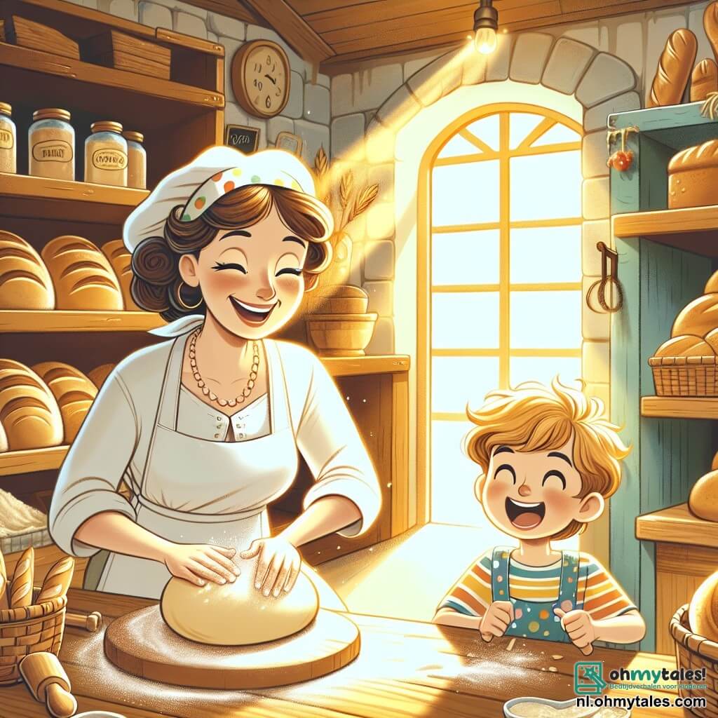 In een charmante bakkerij is een vrouw genaamd Sarah, met grote bruine krullen en sprankelende ogen van vreugde, bezig met het kneden van een brooddeeg op een groot houten aanrecht. Ze draagt een witte schort en glimlacht breed, wat haar enthousiasme voor de bakkerij toont. Naast haar kijkt een 8-jarig jongetje genaamd Timmy, met rommelig blond haar en een kleine gekleurde stippenpet, verwonderd toe. Hij draagt een grote schort die hem te groot is en probeert een klein stuk deeg te kneden, lachend om de plakkerige textuur. De bakkerij is gevuld met warmte en licht, met houten planken vol gouden broden en kleurrijke gebakjes. Zonne-stralen filteren door de ramen en verlichten de scène met een zachte gouden gloed. In deze blije scène delen Sarah en Timmy een moment van samenzijn terwijl ze samen leren brood te maken, omringd door de heerlijke geur van versgebakken brood uit de oven.