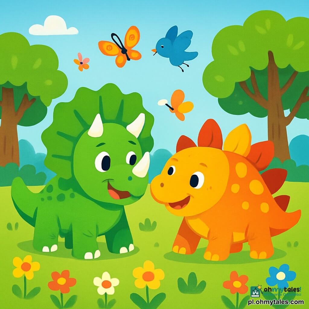 Wesoły triceratops o jaskrawo zielonej skórze i białych rogach stoi na środku sceny, rozglądając się dookoła z oczami pełnymi ciekawości. Obok niego przyjazny stegozaur z kolorowymi płytkami na grzbiecie i ciepłym uśmiechem pochyla się, aby z nim porozmawiać. Tło stanowi słoneczna łąka, usiana kolorowymi kwiatami i dużymi drzewami z bujnymi liśćmi, podczas gdy nad nimi rozciąga się jasnoniebieskie niebo. W tej scenie triceratops i stegozaur otoczeni są fruwającymi motylami i śpiewającymi ptakami, co tworzy radosną i pełną życia atmosferę. Triceratops, podekscytowany tym pięknym dniem, szykuje się do przygody ze swoim przyjacielem, gotowy do odkrywania cudów natury.