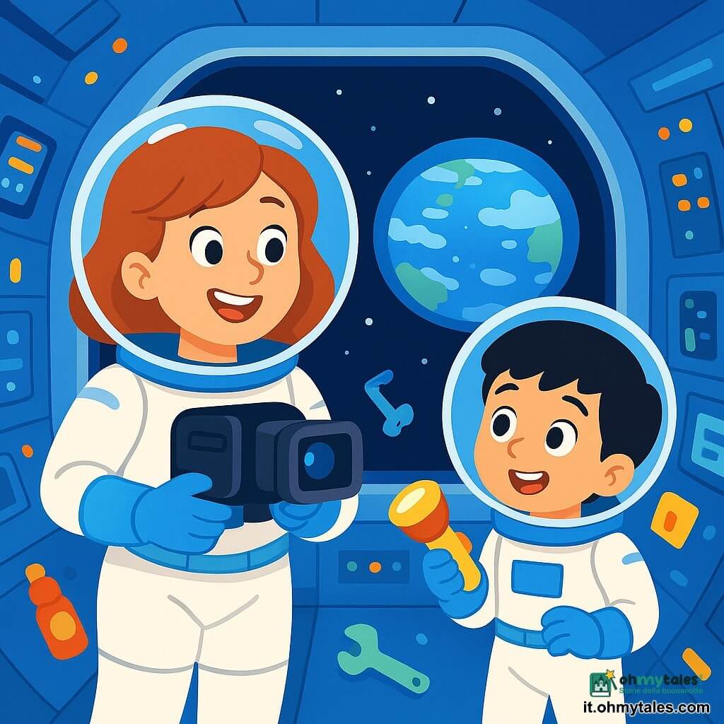 Un'astronauta, Sofia, una donna di circa trent'anni, sorridente e piena di energia, fluttua nella stazione spaziale. Indossa una tuta spaziale bianca con tocchi di blu e un casco trasparente che mostra il suo viso radioso di gioia. Sofia tiene una telecamera in mano, pronta a filmare la sua visita guidata. Accanto a lei, Takumi, un ragazzo di 10 anni con capelli neri e occhi brillanti, guarda con meraviglia. Indossa una tuta spaziale simile a quella di Sofia e tiene una lampada in mano, pronto ad aiutarla. La scena si svolge all'interno della stazione spaziale, con pareti coperte di pannelli tecnologici luminosi. Grandi finestre offrono una vista spettacolare sulla Terra blu e bianca, fluttuante nell'immensità nera dello spazio. Oggetti fluttuano intorno a loro, come attrezzi e bottiglie di succo, aggiungendo un tocco ludico all'ambiente. Sofia spiega con entusiasmo come vive e lavora nello spazio, mentre Takumi l'ascolta attentamente, con gli occhi brillanti di ammirazione. Condividono un momento di scoperta e apprendimento, circondati dalla bellezza dell'universo.