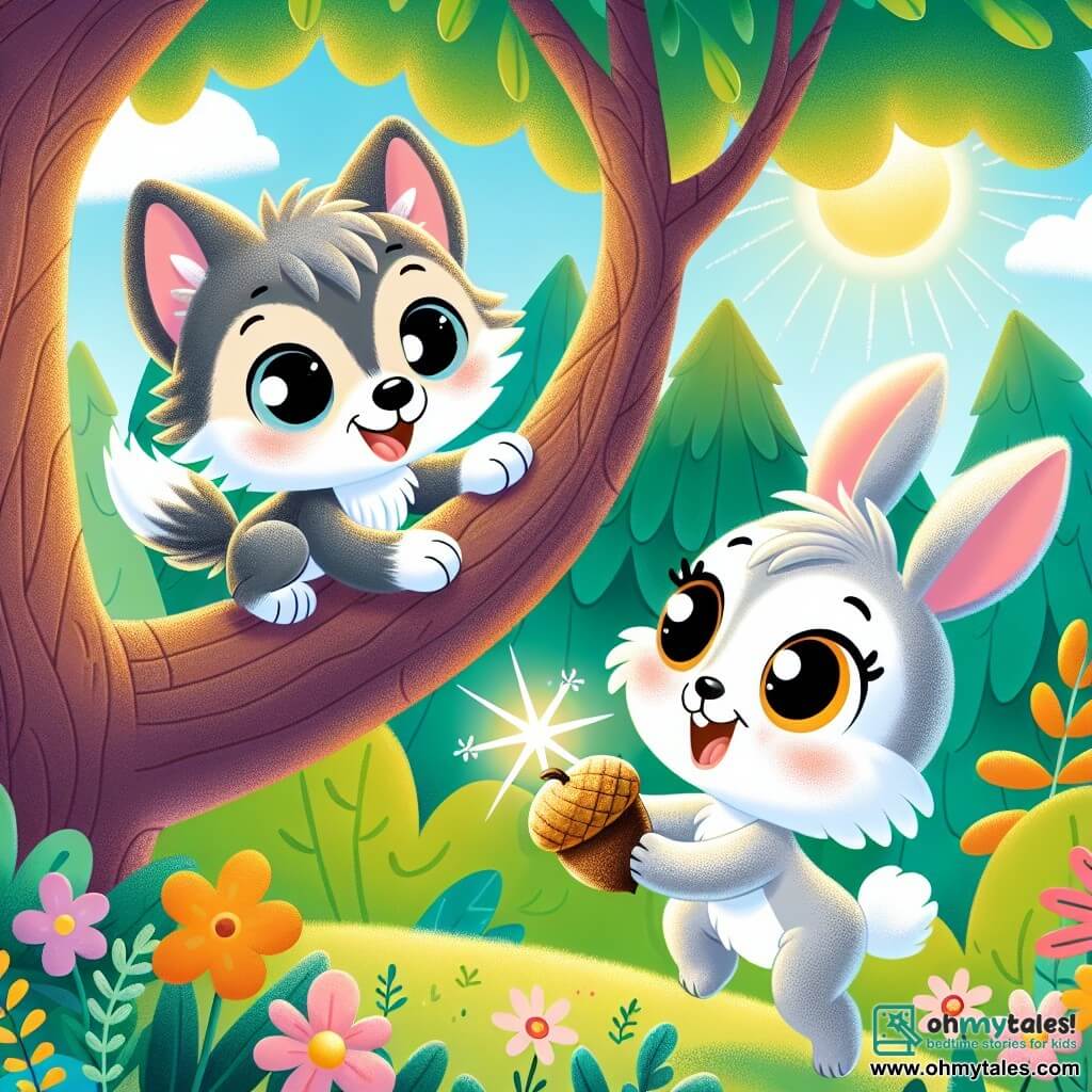 A little wolf named Wally, with gray fluffy fur and bright curious eyes, joyfully climbs a branch of a large oak tree, a beaming smile on his face. Next to him, Bella, an adorable little bunny with big ears and white fur, jumps with excitement, her eyes sparkling with joy as she looks at the wolf. The setting is a beautiful sunny forest, with colorful flowers dancing in the breeze and sunlight filtering through the leaves. The scene shows Wally and Bella discovering a sparkling treasure, a beautiful golden acorn hidden in the branches, symbolizing their great adventure and friendship.
