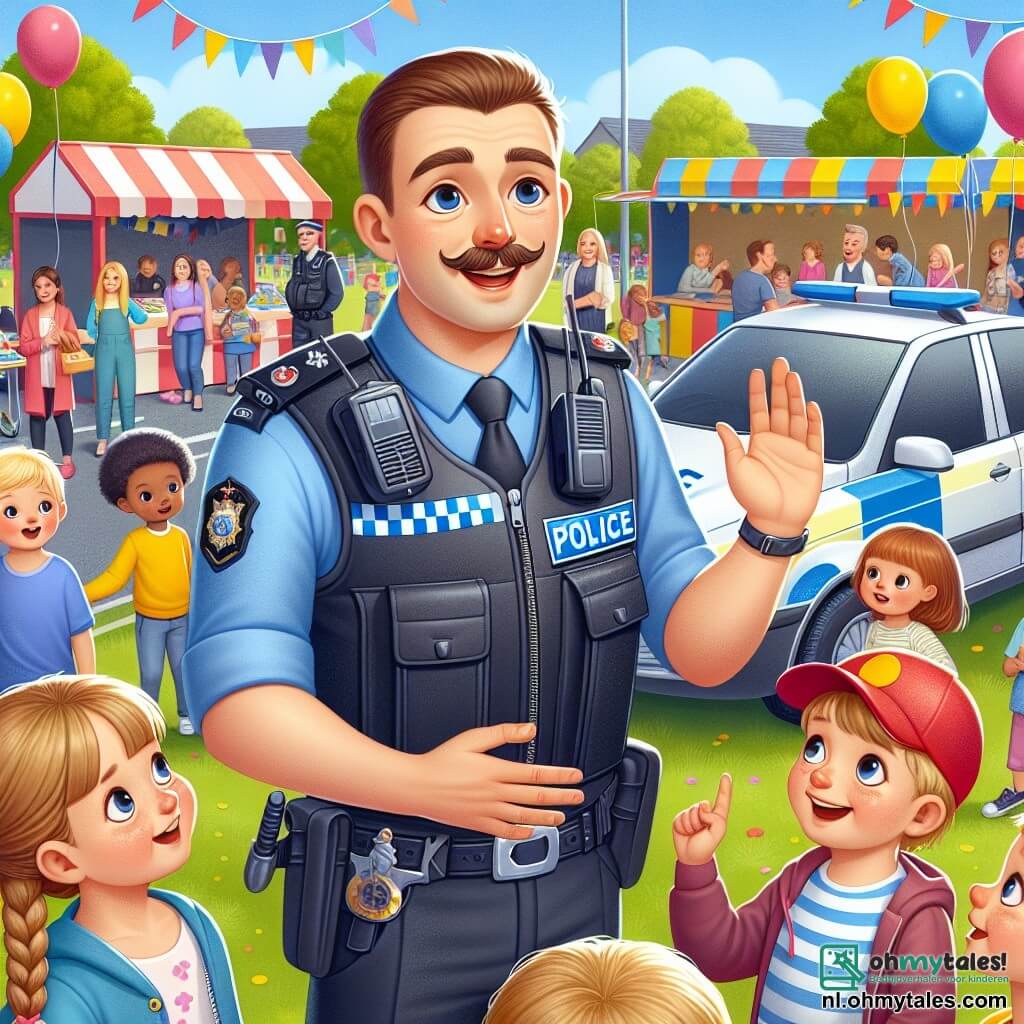 Een glimlachende politieagent, een man van ongeveer dertig met bruin haar en een snor, staat in het midden van de afbeelding, gekleed in zijn glanzende blauwe uniform. Hij heeft een warme en enthousiaste blik terwijl hij met een groep kinderen praat en met zijn handen gebaart om zijn werk uit te leggen. Aan zijn rechterkant steekt een meisje van ongeveer 8 jaar met vlechten, met grote ogen van verwondering, haar hand op om een vraag te stellen. Aan zijn linkerkant zit een jongen van 7 jaar met een rode pet op de motorkap van een politieauto, hij glimlacht en luistert aandachtig naar het verhaal van de politieagent. De achtergrond speelt zich af in een levendig park, vol met felle kleuren: ballonnen zweven in de lucht, gezinnen verzamelen zich rond informatiestands, en een groot bord zegt "Politie Sensibiliseringsdag". De hoofdscène toont de politieagent die een boeiend verhaal vertelt aan de kinderen, terwijl een glanzende politieauto en een groot springkasteel op de achtergrond een vrolijke en feestelijke sfeer creëren.