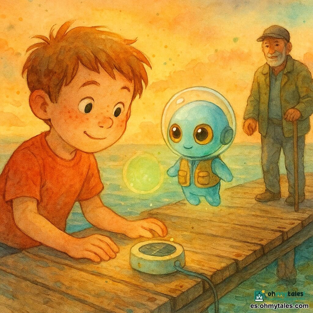 Un niño de 8 años de rostro redondo y pecas, pelo castaño claro alborotado y mirada maravillada sostiene una pequeña luz redonda a pilas sobre una tabla del muelle; junto a él flota un diminuto extraterrestre peluche llamado Lumi, piel azul pálido, grandes ojos miel, casco de cristal y chaleco con bolsillos, junto a una burbuja transparente que emite un suave resplandor verde; más atrás, un pescador de unos 60 años, rostro curtido y barba canosa corta, apoyado en su bastón y con sonrisa divertida, observa desde el muelle de madera gastada con tablas crujientes, clavos oxidados y reflejos dorados del atardecer sobre el mar tranquilo; la escena muestra al niño y a Lumi montando un cargador solar improvisado con una caja luminosa y un clip metálico mientras la burbuja se reactiva, en una atmósfera crepuscular cálida de tonos anaranjados y verdes, estilo acuarela suave, colores pastel, contornos ligeros y textura de madera, ambiente tierno y mágico.