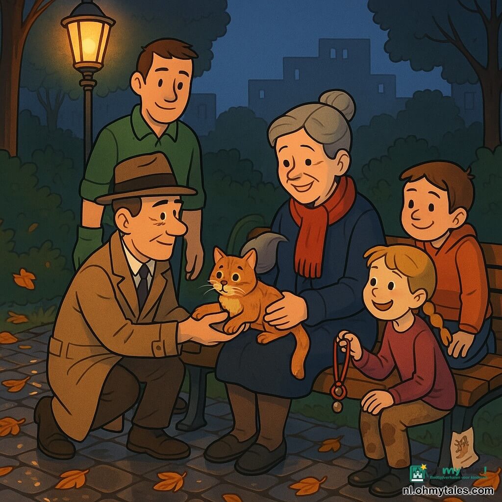 Volwassen mannelijke detective van ongeveer 50, vierkant gezicht met dunne snor, lichtbruine regenjas en fedora, knielt en reikt zacht de natte roodbruine kitten aan een zittende vrouw—mevrouw Van Dijk, circa 50, grijs haar in een knot, gerimpelde rode sjaal, opgeluchte glimlach, katten op schoot; Mark, man van ca. 35 met kort bruin haar en tuinhandschoenen, staat links achter de detective zorgzaam te kijken; een blond meisje van ongeveer 8 met vlecht en modderige broek houdt een riempje en een rood halsbandje met belletje omhoog; twee andere kinderen (6–9) verzamelen zich nieuwsgierig bij het bankje; locatie: klein stadspark bij schemer, natte kasseien, gele en oranje herfstbladeren, vintage lantaarn met warm licht, gelakt houten bankje met gekreukelde poster; primaire situatie: tedere hereniging—de detective geeft de natte kat terug terwijl kinderen het glimmende rode halsbandje met bel tonen, vochtige maar geruststellende sfeer, warme kleuren contrasterend met de regenachtige ondergrond, duidelijke lijnen en eenvoudige texturen.