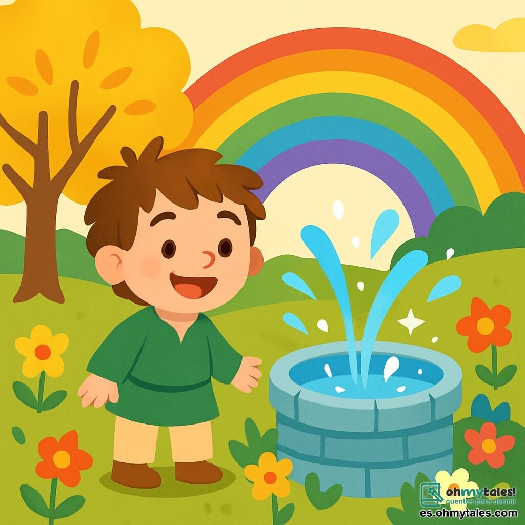 Un hombre pequeño y sonriente, llamado Tomás, con cabello castaño desordenado y ojos brillantes de alegría, se encuentra al borde de una fuente mágica. Lleva una túnica verde y pantalones de lona beige, y irradia felicidad mientras sonríe. A su lado, una fuente resplandeciente con agua clara que brilla como diamantes, rodeada de flores coloridas. Al fondo, un puente de arcoíris se eleva majestuosamente, vibrante de colores vivos. La atmósfera es encantada, con árboles de hojas doradas que bailan al viento. Tomás sonríe a la fuente, que parece feliz, y el agua salpica alegremente a su alrededor.