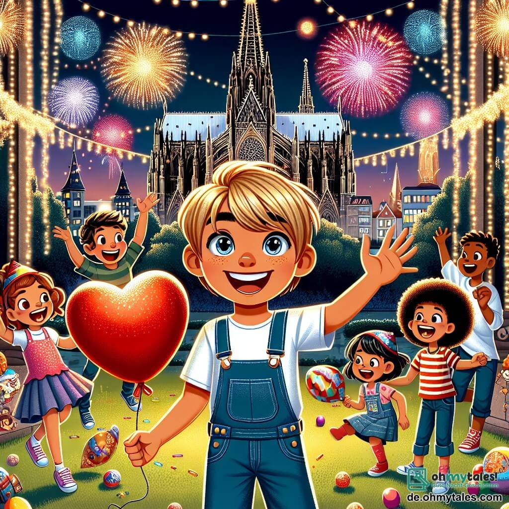 In einem von funkelnden Lichtern erleuchteten Park steht Max, ein 10-jähriger Junge mit blonden Haaren und strahlend blauen Augen, lächelnd in der Mitte mit einem großen roten Herzballon in der Hand. Neben ihm hebt Mia, ein 9-jähriges Mädchen mit lockigen braunen Haaren und einem ansteckenden Lächeln, aufgeregt die Arme in die Luft. Um sie herum spielt eine Gruppe von Kindern unterschiedlichen Alters und Herkunft, einige jonglieren mit bunten Ballons, während andere lachen und versuchen, Ballons mit ihren Füßen zum Platzen zu bringen. Im Hintergrund erhebt sich die majestätische Kuppel des Kölner Doms, erleuchtet von strahlenden Feuerwerken, die den Nachthimmel in lebhaften Farben erhellen. Die Szene fängt die fröhliche Energie der Neujahrsfeier ein, mit lachenden, spielenden Kindern, die Glückwünsche austauschen, während funkelnde Sterne über ihnen leuchten und eine magische, festliche Atmosphäre schaffen.