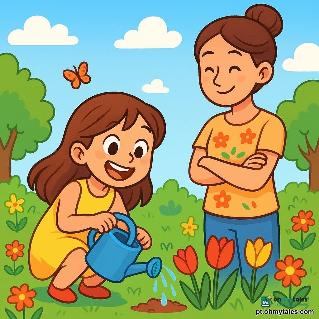 Uma menina de 6 anos, com longos cabelos castanhos e olhos brilhantes de alegria, usa um bonito vestido amarelo. Ela está agachada em um jardim florido, regando delicadamente tulipas vermelhas e amarelas com um pequeno regador azul. Seu rosto exibe um grande sorriso, demonstrando seu entusiasmo pela primavera. Ao lado dela, sua mãe, uma mulher de cerca de 30 anos, com cabelos castanhos presos em um coque e uma camiseta florida, a observa com orgulho. Ela está em pé, com os braços cruzados, sorrindo ao olhar para a filha. O jardim é um verdadeiro quadro de primavera, repleto de flores coloridas, borboletas voando e árvores com folhas verdes vibrantes. O céu é azul claro, salpicado de nuvens brancas e fofas. A menina rega as flores com cuidado, maravilhada pela beleza da natureza ao seu redor, compartilhando um momento alegre e terno com sua mãe.