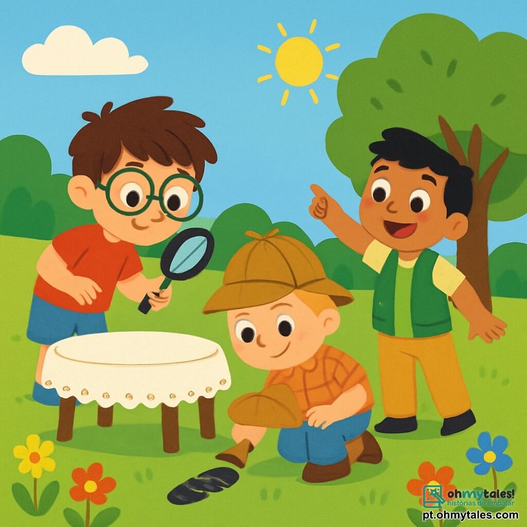 Há 3 personagens: João, um menino de 7 anos com cabelos castanhos bagunçados e óculos redondos, vestindo uma camiseta vermelha e um short azul, está em pé segurando uma lupa e observando atentamente o chão; Pedro, um menino de 6 anos com cabelos loiros e sardas, usando um chapéu de detetive e uma camisa xadrez, está agachado examinando uma impressão de sapato; Lucas, um menino de 8 anos com cabelos pretos e um grande sorriso, vestindo um colete verde e calças bege, está em pé ao lado de João apontando para uma árvore onde os balões vermelhos desapareceram. O cenário é um parque ensolarado, cheio de flores coloridas e árvores verdes, com uma grande mesa decorada com um bonito toalha, mas sem os balões que deveriam flutuar acima. A cena principal mostra os três amigos em plena investigação, procurando pistas para encontrar os balões vermelhos desaparecidos, com expressões concentradas e determinadas em seus rostos.