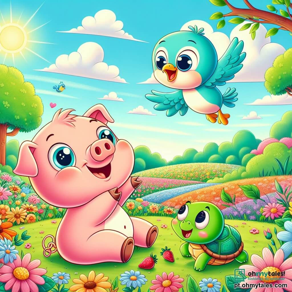 Um porquinho chamado Pipo, com pele rosa suave e olhos brilhantes de curiosidade, pula alegremente em um campo de flores coloridas, com um grande sorriso no rosto. Ao seu lado, uma pequena tartaruga chamada Tita, com uma carapaça verde e olhos sábios, observa Pipo com um ar divertido, sentada tranquilamente na grama. Um pássaro azul vivo, Bico, voa acima deles, cantando alegremente enquanto segura um pequeno morango no bico. O local é um lindo campo ensolarado, cheio de flores vibrantes de todas as cores, com árvores verdes ao fundo e um céu azul claro salpicado de nuvens brancas fofas. A cena principal mostra Pipo, Tita e Bico se preparando para um piquenique alegre, cercados pela beleza da natureza, prontos para compartilhar risadas e delícias.