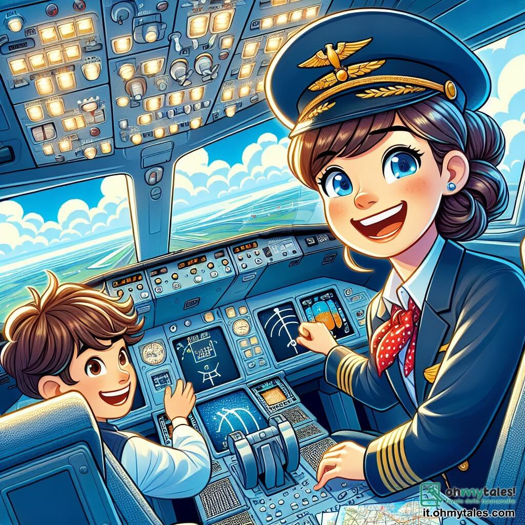 Sofia, una pilota, è nel cockpit del suo Boeing 737, con un sorriso radioso e occhi brillanti di eccitazione. Indossa una elegante uniforme blu scuro con una sciarpa rossa e i suoi capelli castani sono raccolti in un chignon ordinato. Accanto a lei c'è Marco, un ragazzo di 12 anni, suo copilota. Ha i capelli castani in disordine e indossa un berretto da pilota. Guarda con ammirazione gli strumenti di volo, pronto ad apprendere. Sullo sfondo, nuvole bianche e soffici si estendono all'orizzonte, mentre il cielo è di un blu intenso, illuminato dal sole. La scena si svolge nel cockpit, dove le luci degli strumenti lampeggiano e il rumore dei motori risuona dolcemente. Sofia e Marco si preparano a decollare verso una nuova avventura, circondati dall'eccitazione di un volo imminente, con mappe e appunti sparsi intorno a loro, simbolo della loro preparazione e entusiasmo.