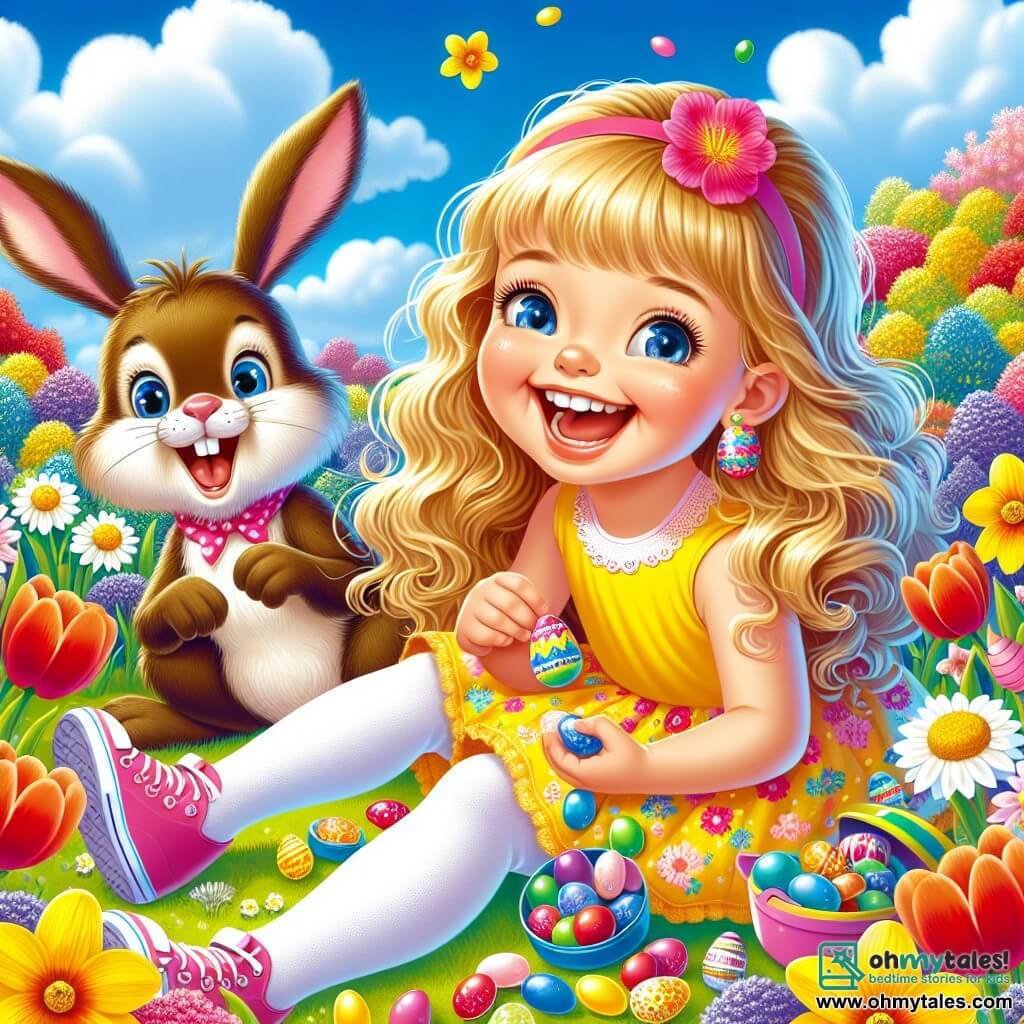 A 4-year-old girl named Lily, with long blonde hair and sparkling joyful eyes, is wearing a bright yellow dress and pink shoes. She is sitting in a colorful garden, surrounded by vibrant flowers, with a big smile on her face, searching for colorful stones that she uses as Easter eggs. Next to her is a small rabbit named Benny, with brown fur and big ears, happily hopping around the flowers, his eyes shining with curiosity. The garden is a true spring tableau, with red tulips, yellow daffodils, and blue cornflowers, under a light blue sky dotted with fluffy white clouds. The main scene shows Lily and Benny on an egg hunt, laughing and having fun as they hide and discover the colorful stones among the flowers, celebrating the beauty and magic of spring.