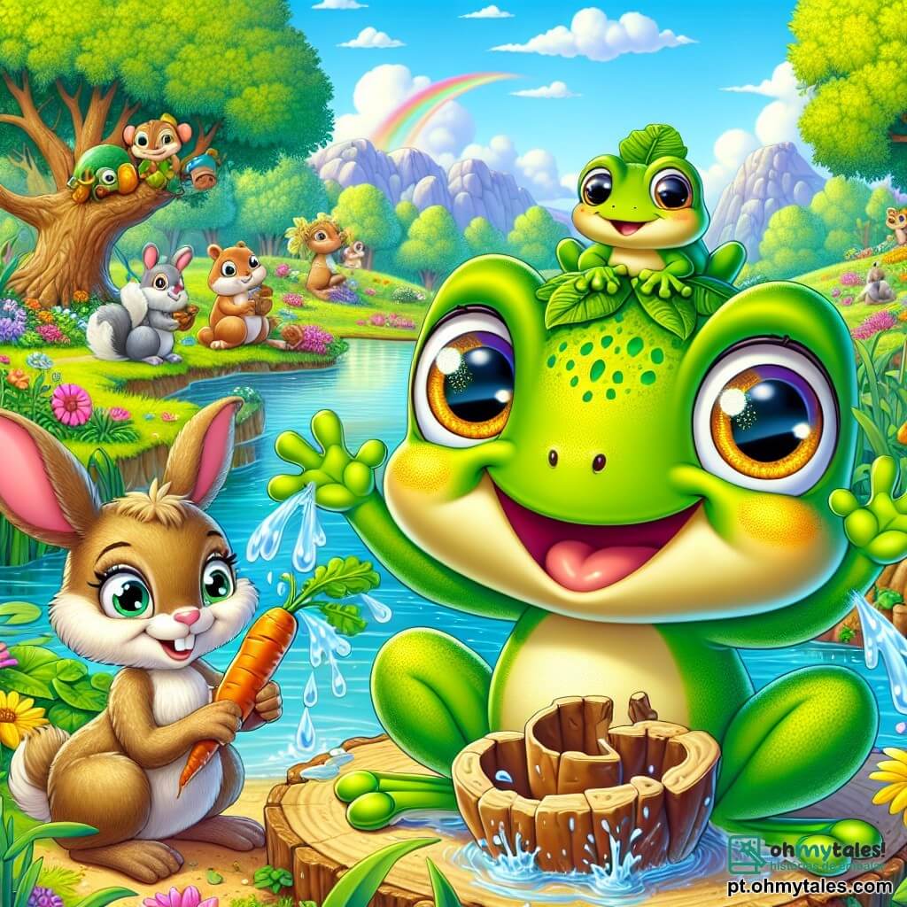 No centro da imagem, Fred, a rã alegre, está sentado à beira de uma pequena lagoa, com olhos brilhantes de felicidade e um grande sorriso. Sua pele é de um verde vibrante, salpicada de pequenas manchas amarelas, e ele usa um chapéu feito de folhas. Ele está pulando de alegria, espirrando água ao seu redor. Ao lado dele, Lila, a coelhinha vaidosa, está esculpindo uma cenoura de barro, com suas grandes orelhas em pé e um sorriso travesso. Ela tem pelagem marrom claro e olhos vivos que brilham de excitação. Um pouco mais longe, Tico, o esquilo, está empoleirado em um galho, segurando uma noz nas patas, pronto para aplaudir, com sua cauda peluda para cima. A cena ocorre à beira de uma magnífica lagoa cercada por árvores de folhas coloridas, com flores vibrantes ao redor da água. O céu é de um azul radiante, salpicado de algumas nuvens brancas, e um arco-íris aparece após uma leve chuva. A situação principal mostra Fred e seus amigos celebrando sua exposição de arte improvisada, rindo e dançando sob a chuva, criando uma atmosfera alegre e festiva, cheia de cores e boa disposição.