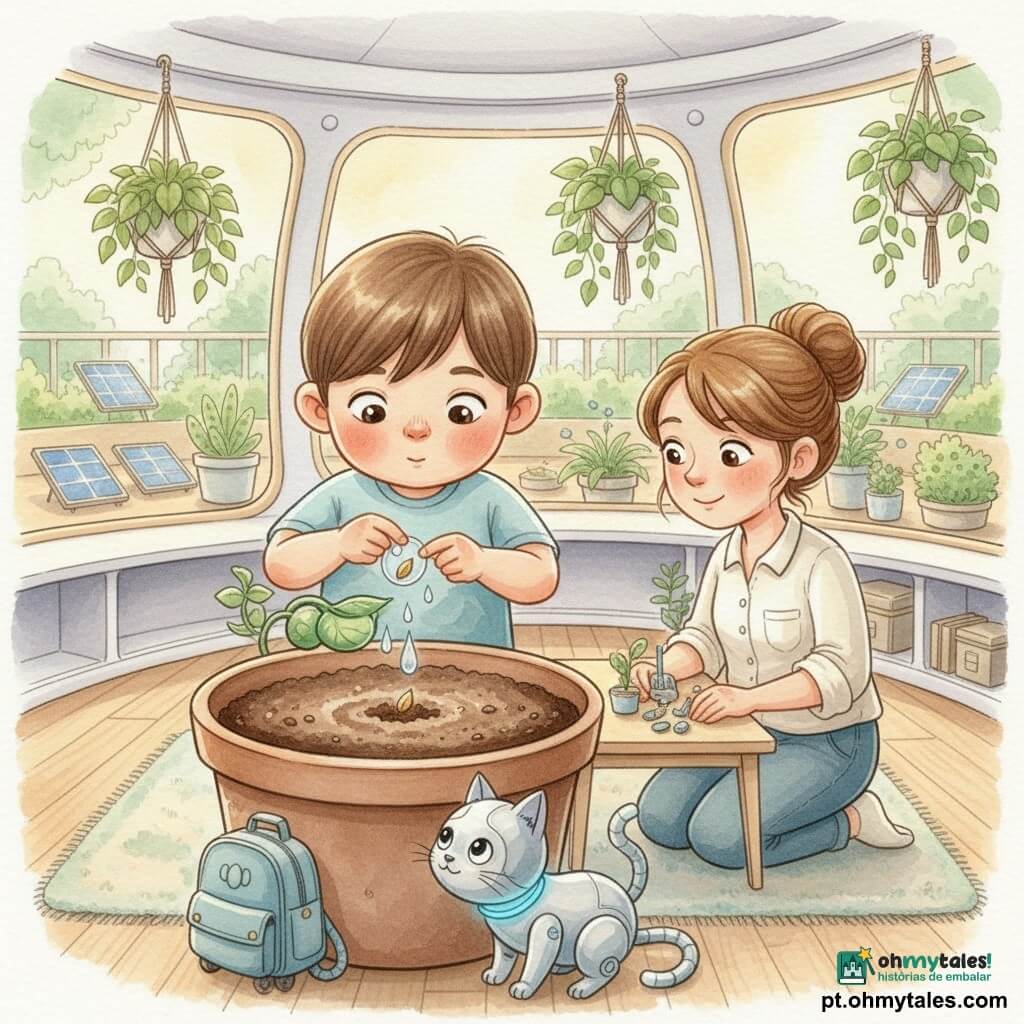 Menino de 6 anos, rosto redondo e cabelos castanhos curtos, segura delicadamente uma pequena cápsula transparente com uma semente dourada e a planta num grande vaso de terra escura; uma mulher de ~30 anos com coque solto e bata clara, ajoelhada à direita junto a uma mesa com ferramentas de jardinagem em miniatura, sorri ao observá‑lo; um pequeno gato-robô prateado do tamanho de uma mochila com rodinhas escondidas e luz azul no colarinho observa ao pé do vaso; interior de cômodo baixo e arredondado com paredes brancas, grandes janelas em bolha que deixam entrar luz dourada, plantas suspensas e um telhado-jardim visível, chão em madeira clara e tapete macio; o menino planta a semente na terra úmida enquanto caem três gotas de um pequeno distribuidor verde, cena calma e fascinante em tons pastel aquarela, texturas suaves e detalhes delicados (terra granulada, brilho metálico da cápsula, folhas finas).