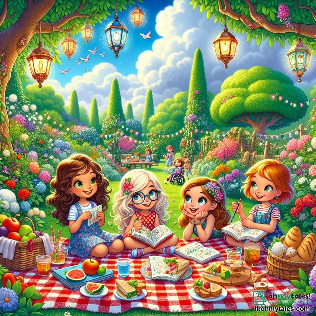 In un bel giardino verde, tre bambini si sono riuniti per un picnic sotto un cielo blu punteggiato di nuvole bianche. Sofia, una bambina di sette anni con capelli castani ondulati e un grande sorriso, è seduta su una coperta a quadri rossi e bianchi, tenendo un quaderno pieno di disegni. Accanto a lei, Giulia, una bambina vivace di sette anni con capelli biondi e occhiali colorati, sta dipingendo un quadro del paesaggio con colori vivaci. Clara, una bambina di sette anni in sedia a rotelle, con capelli castani e occhi brillanti, ride raccontando una storia avvincente, circondata dalle sue amiche. Il giardino è pieno di fiori colorati, grandi alberi che offrono ombra e lanterne scintillanti appese ai rami. Una tavola di legno è carica di deliziosi panini, frutta fresca e biscotti fatti in casa, creando un'atmosfera gioiosa e conviviale. I bambini condividono risate e storie, godendo della loro amicizia e della magia dell'estate, mentre il sole brilla dolcemente, illuminando i loro volti felici.