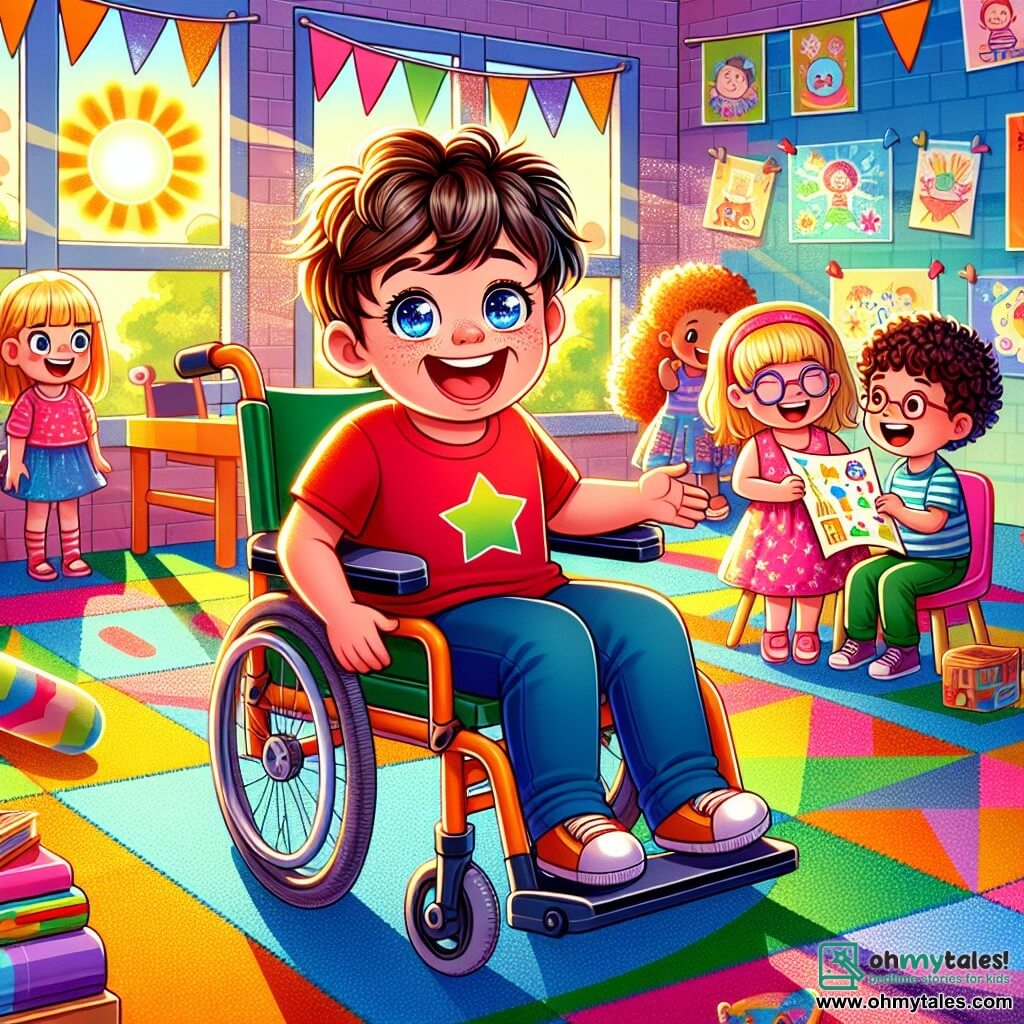 A 6-year-old boy named Ben is sitting in his wheelchair, with a big joyful smile on his face. He has messy brown hair and is wearing a bright red t-shirt with stars. His eyes shine with excitement as he looks at his new friends. Next to him, a 6-year-old boy named Jack, with blond hair and glasses, is laughing while holding a colorful treasure map. He leans towards Ben, inviting him to play together. Not far from them, a 6-year-old girl named Ella, with curly hair and a pink dress, smiles shyly, watching the two boys with curiosity. The scene takes place in a bright classroom filled with colorful drawings on the walls and a large geometric-patterned rug. Sunlight streams through the windows, illuminating the children's faces. In this illustration, Ben, Jack, and Ella are playing together, surrounded by toys and books, sharing a moment of joy and friendship, while laughter fills the air.