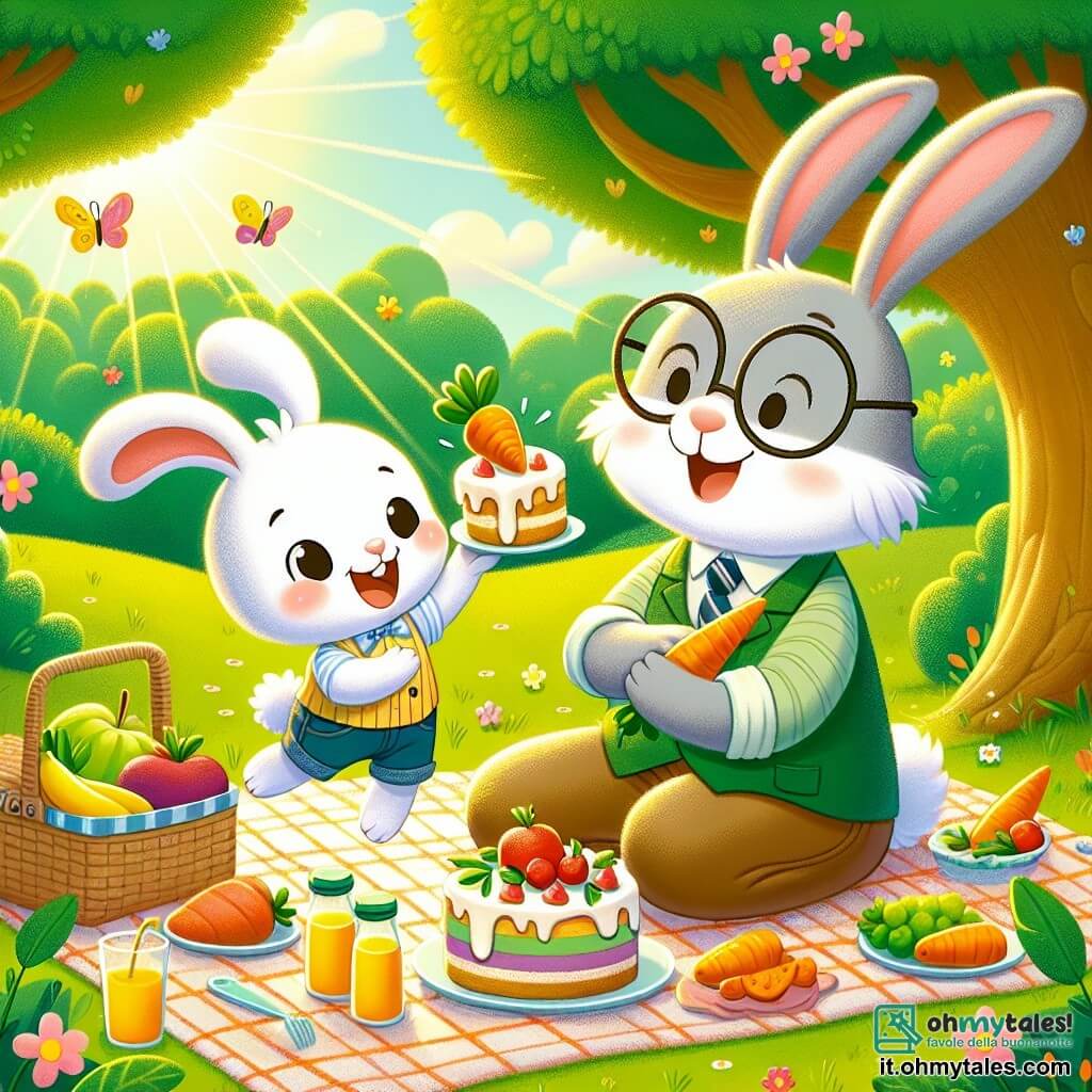 Un coniglietto di nome Bobo, con un pelo bianco e grandi orecchie, salta di gioia su un tappeto da picnic colorato, il suo viso splendente di eccitazione e felicità. Tiene in piccole zampe una bella fetta di torta di carote, pronto a condividerla con il papà. Accanto a lui, il signor Coniglio, un grande coniglio grigio con un sorriso caloroso e occhiali rotondi, guarda il figlio con orgoglio e amore. È seduto sul tappeto, circondato da frutta fresca e bottiglie di succo, pronto a gustare il picnic preparato da Bobo. Il contesto è un parco verde, illuminato dalla luce dorata del sole, con alberi dalle foglie brillanti e fiori colorati che danzano nella brezza. Farfalle volano intorno, aggiungendo un tocco di magia a questa bella giornata. La scena rappresenta il momento gioioso in cui Bobo e il papà si ritrovano per celebrare la festa del papà, circondati da prelibatezze fatte in casa, condividendo un momento di tenerezza e felicità.