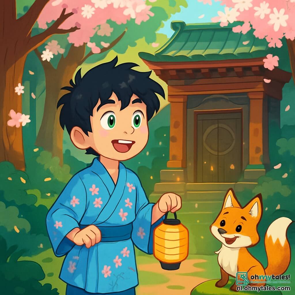 Haruto, een veertienjarig jongen met rommelig zwart haar en nieuwsgierige ogen, staat voor een oude tempel, zijn gezicht verlicht door verwondering en vastberadenheid. Hij draagt een lichtblauwe kimono met bloesempatronen en houdt een kleine papieren lamp in zijn hand. Naast hem kijkt een ondeugende vos met een gouden vacht en ondeugende ogen naar hem, zijn pluizige staart vrolijk wiegend. De vos lijkt klaar om hem op avontuur te vergezellen, staande op een met mos bedekte steen. De omgeving is een betoverd bos met majestueuze bomen met dikke stammen, hun takken vol met roze en witte bloemen die zachtjes vallen als sneeuw. Het zonlicht filtert door het loof en creëert dansende schaduwen op de met bladeren bedekte grond. De belangrijkste situatie toont Haruto, verwonderd, terwijl hij de deur van de oude tempel ontdekt, versierd met mysterieuze symbolen, terwijl lichtflitsen om hem heen schitteren, wat de magie oproept die hem omringt.
