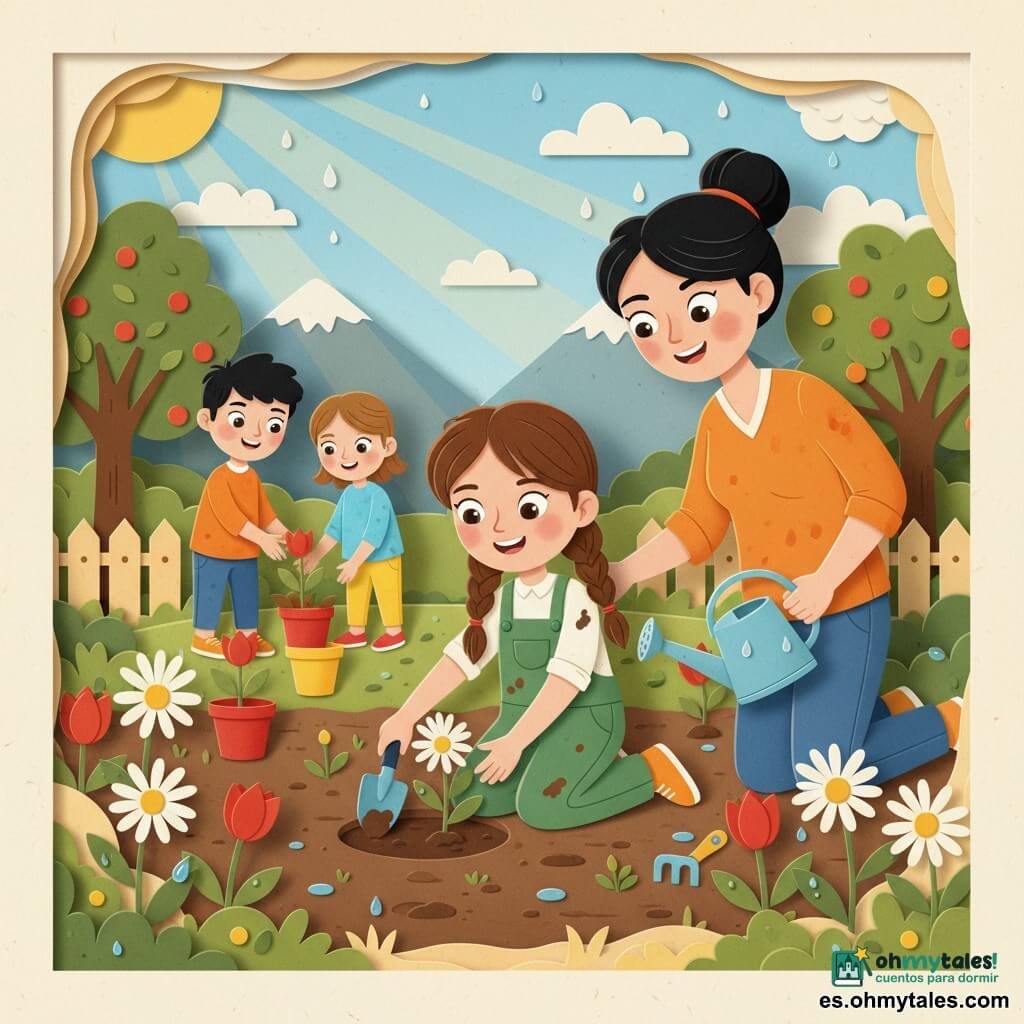 Niña de 10 años con expresión alegre y decidida, cabello castaño trenzado, ojos avellana, vistiendo un peto verde manchado, plantando una margarita con una pequeña pala en tierra oscura; la madre, unos 35 años, cabello negro recogido en moño, sonriente y atenta, arrodillada junto a ella con un regador azul; un chico de 11 y una niña de 9, amigos de la protagonista, con ropa de colores vivos, sosteniendo macetas y herramientas detrás ayudando; jardín pequeño y florido (margaritas blancas, tulipanes rojos, brotes verdes), suelo húmedo, cerca de madera clara, unos frutales y montañas suaves al fondo bajo un cielo azul con nubes; ambiente de cooperación y esperanza, manos en la tierra, gotas de agua brillando en las hojas y rayos de sol cálidos; estilo de papel recortado con contornos definidos, colores planos contrastados y sombras suaves, composición centrada en la niña plantando la margarita.