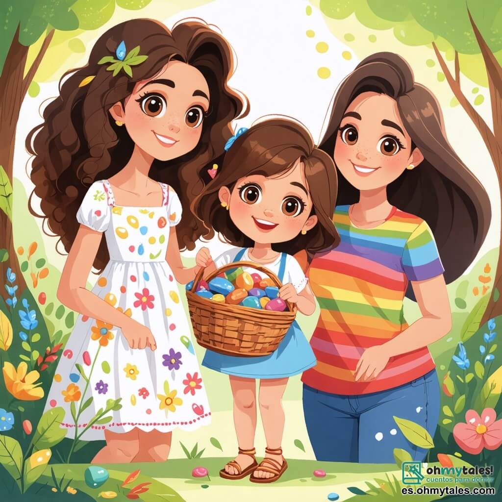 Una niña de 5 años, Valentina, con grandes ojos brillantes y cabello rizado castaño, sonríe alegremente mientras sostiene una canasta llena de piedras de colores y hojas. Lleva un vestido ligero con estampados florales y sandalias, y su expresión irradia felicidad y emoción. A su lado, su mamá, una mujer de unos 30 años con cabello largo y liso, vestida con una camiseta colorida y jeans, la anima con una sonrisa cálida. Está arrodillada junto a Valentina, ayudándola a examinar sus tesoros encontrados en el jardín. El jardín es un lugar encantador, lleno de flores brillantes de todos los colores, pequeños árboles verdes y un cielo azul claro salpicado de nubes blancas. Mariposas vuelan a su alrededor, añadiendo un toque de magia al entorno. La escena principal muestra a Valentina y su mamá buscando tesoros en el jardín, Valentina riendo de alegría al descubrir piedras brillantes y hojas, creando recuerdos preciosos juntas.