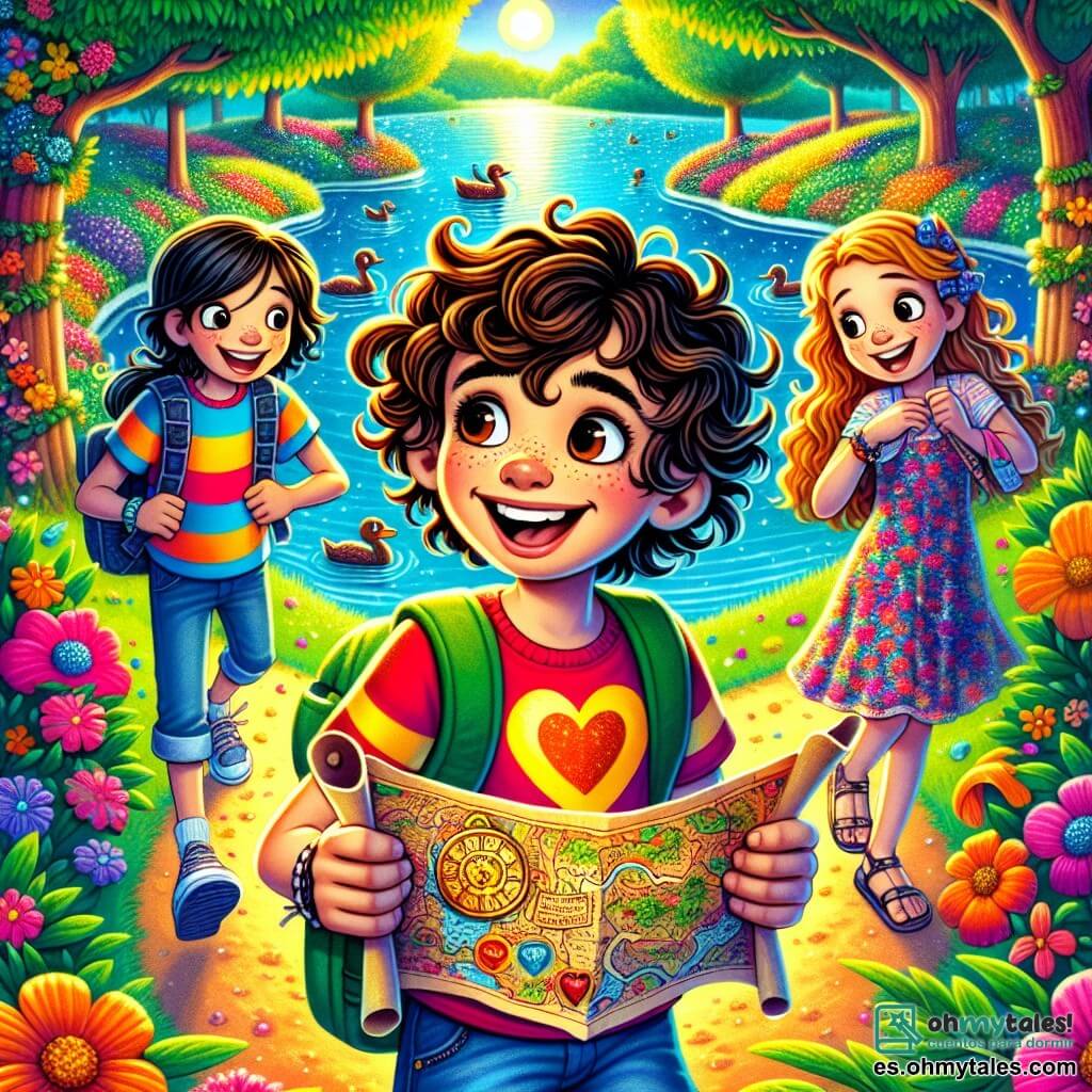 Un niño de 11 años, llamado Nicolás, está en el centro de la imagen, con cabello rizado y castaño, una gran sonrisa en su rostro y ojos brillantes de emoción. Lleva una camiseta colorida con un diseño de corazón y un short de mezclilla, sosteniendo un mapa del tesoro en sus manos, listo para guiar a sus amigos en una aventura mágica. A su derecha, Clara, una niña de 11 años con cabello dorado y largo, lee una nota con ojos desorbitados de sorpresa y alegría. Lleva un vestido ligero con flores y sandalias, inclinándose ligeramente hacia adelante, cautivada por la aventura que les espera. Al fondo, Lucas, un niño de 12 años con cabello castaño y una figura atlética, está listo para correr, con una gran sonrisa en el rostro. Lleva una camiseta roja y un short, con los brazos cruzados, mostrando una actitud entusiasta. El escenario se desarrolla junto a un lago brillante, rodeado de árboles florecidos de colores vivos, con patos nadando pacíficamente. Flores coloridas bordean el camino, y el cielo es de un azul brillante, salpicado de nubes blancas y esponjosas. Nicolás, Clara y Lucas se preparan para comenzar una búsqueda de San Valentín, con corazones flotantes alrededor de ellos, simbolizando la amistad y el amor, mientras una suave brisa hace bailar las flores y las hojas.