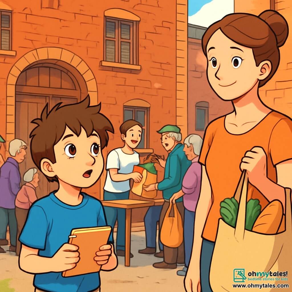 A 12-year-old boy, Ethan, with messy brown hair and curious eyes, looks on with an expression of wonder and compassion. He is wearing a blue t-shirt and beige shorts, holding a notebook in his hands. Next to him is a woman in her thirties, his mother, with her brown hair tied up in a bun and a warm smile, watching the scene while holding a grocery bag. They are in front of an old building made of red bricks, featuring a large wooden door and worn shutters, where a line of people waits patiently. The place is lively, with smiling volunteers distributing colorful food bags. The main scene shows Ethan, fascinated, observing the interactions between the volunteers and the people receiving help, realizing the importance of solidarity and mutual aid in his community.
