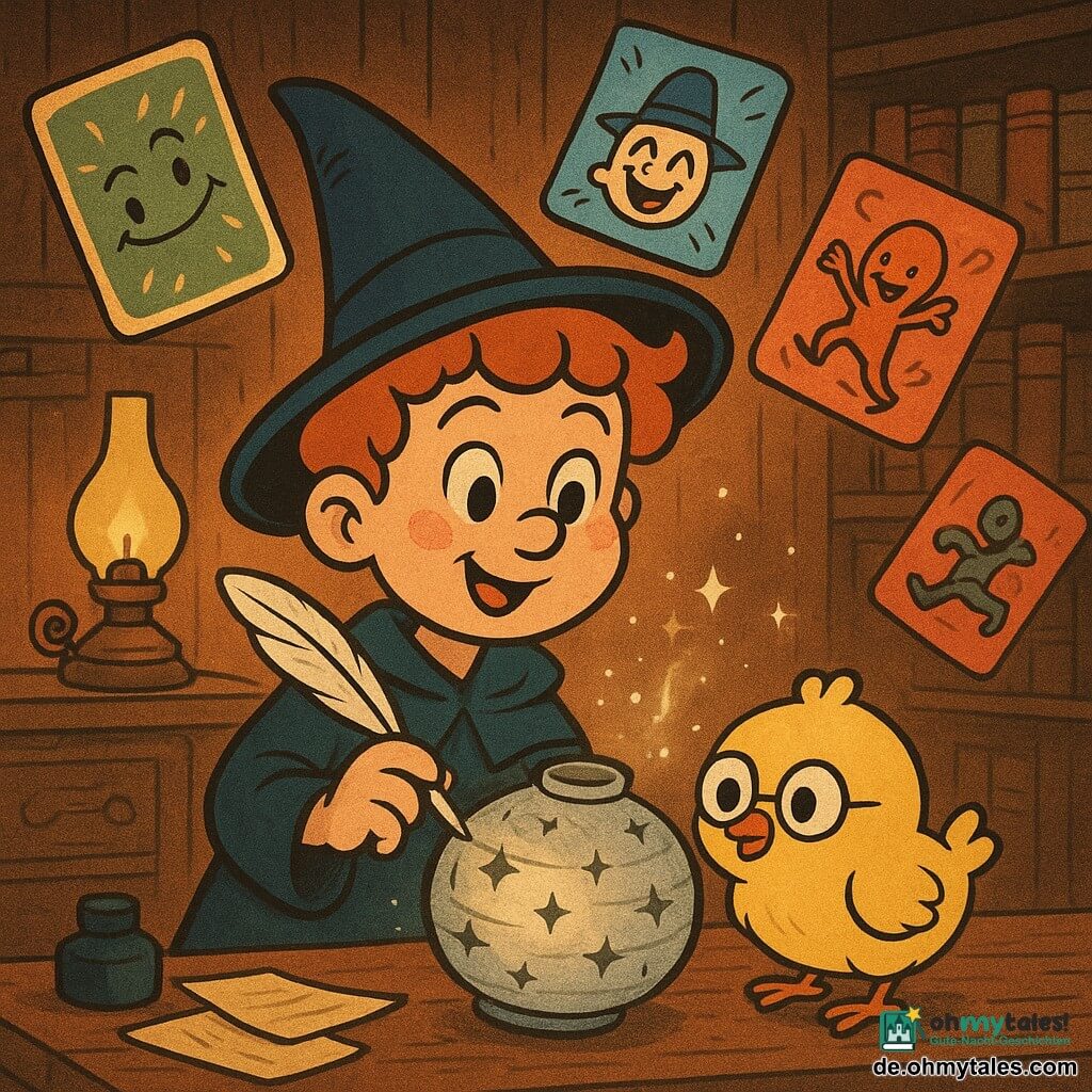 Ein Lehrlingszauberer namens Finn mit rundem Gesicht, Sommersprossen und roten Locken bläst sanft auf eine runde silberne Papierlaterne mit sternförmigen Lochungen, die auf einem Holztisch steht, in der er eine kleine silberne Hühnerfeder hält; ein rundes gelbes Küken mit winziger Brille pickt an der Feder; bunte lebendige Karten (grün gestreift und lächelnd, blau mit Hut lachend, rot tanzend) wirbeln in einem Halbkreis hinter ihm; die Szene spielt in einer alten Kartenstube mit dunklen Holzwänden, ledergebundenen Büchern, Öllampen und verstreuten Papieren, warmes Licht; die Laterne beginnt silbern zu schimmern, kleine funkelnde Partikel steigen auf, fröhliche, magische und leicht schelmische Stimmung, satte Farben, weiche Kontraste, runde fließende Linien, sichtbare Papier- und Holztexturen, Komposition zentriert auf Finn und die Laterne.