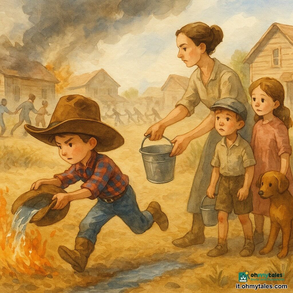 Un giovane cowboy, Billy, in primo piano con volto determinato, cappello marrone troppo grande, camicia a quadri rossa e blu e stivali impolverati versa acqua da un vecchio cappello sulle basse fiamme; accanto a lui una donna del villaggio con capelli raccolti e maniche rimboccate passa un secchio, dietro di lei un ragazzo di circa 8 anni con berretto e ginocchia sbucciate porta un piccolo secchio e osserva coraggioso, una bambina di circa 6 anni tiene la mano di un cane marrone e guarda le fiamme; sullo sfondo altri paesani formano una catena di secchi; villaggio polveroso dell'Ovest con case di legno dalle vernici scrostate, un ruscello a sinistra, erba secca e cespugli, fumo grigio che si alza nel cielo; scena di lotta collettiva contro un incendio d'erba, fiamme arancioni e gialle basse, spruzzi d'acqua sul terreno secco; atmosfera d'urgenza e solidarietà, stile acquerello morbido con colori caldi per il fuoco e toni terrosi, tratti leggeri e texture cartacee, composizione centrata su Billy e sulla catena umana.