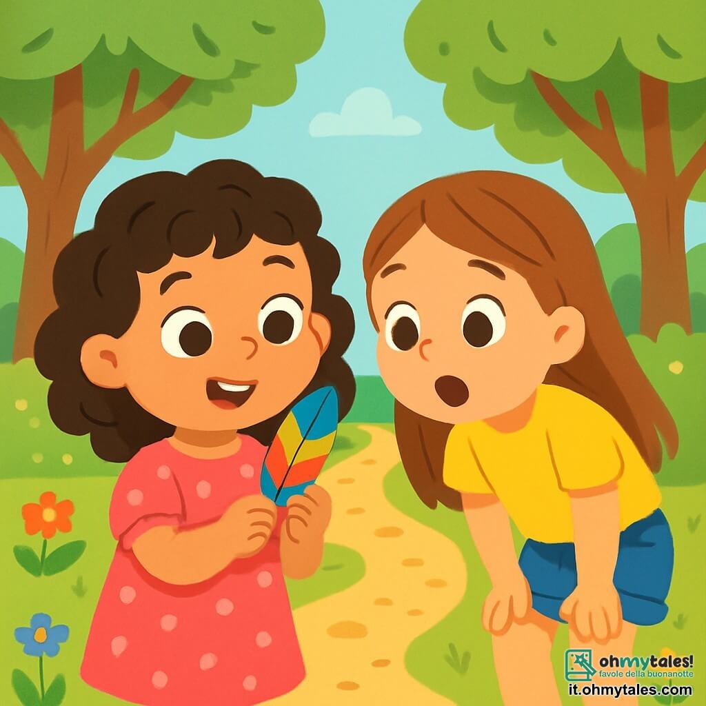 Una bambina di 4 anni, Sofia, con grandi occhi brillanti e capelli ricci, guarda con curiosità una piuma colorata che tiene tra le mani. Indossa un vestito rosa a pois e un sorriso meravigliato illumina il suo viso. Accanto a lei, la sua migliore amica Emma, una ragazza di 4 anni con capelli lunghi e lisci, indossa una maglietta gialla e pantaloni di jeans. È inclinata in avanti, affascinata dalla piuma, con gli occhi spalancati. La scena si svolge in un parco verdeggiante, pieno di alberi maestosi e fiori colorati che danzano nel vento. Il terreno è coperto di foglie dorate e piccoli sassi, creando un sentiero segreto. Sofia ed Emma si trovano davanti a un sentiero nascosto tra gli alberi, pronte a esplorare e scoprire il mistero della piuma brillante.