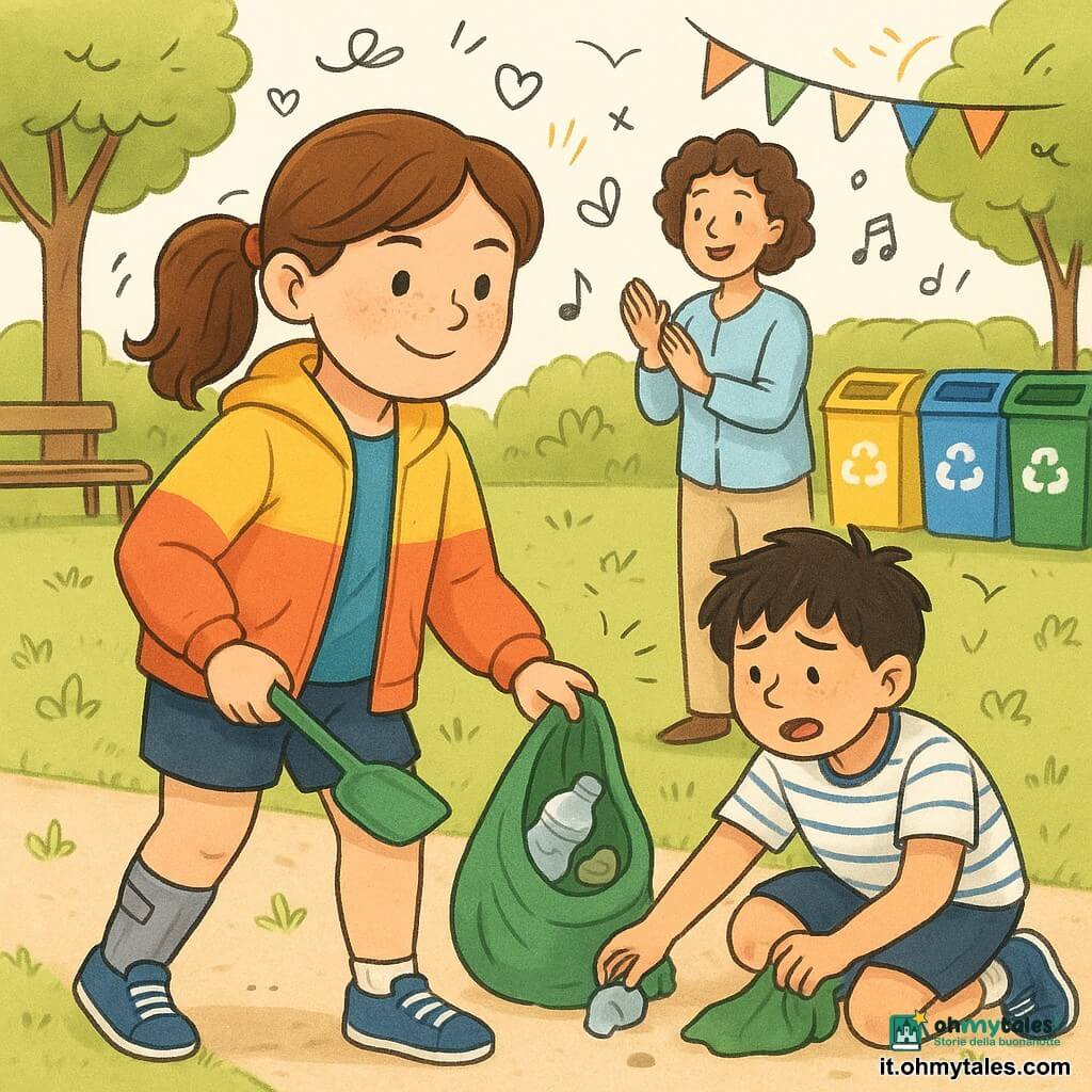 Bambina di 10 anni, volto tondo con lentiggini, capelli castani raccolti in coda, giacca colorata e ortesi alla gamba destra, con paletta di plastica e sacco per rifiuti, raccoglie determinata una bottiglia di plastica; vicino a lei, bambino di circa 9 anni, genuflesso, capelli neri spettinati, t‑shirt a righe, affaticato ma riconoscente mentre raccoglie sacchi caduti; alle loro spalle, insegnante di circa 30 anni, capelli corti e ricci, camice chiara, applaude e indica i bidoni della raccolta differenziata; ambientazione: parco della scuola soleggiato con prato, sentiero ghiaioso, alberi, panchina e bandierina colorata; situazione: staffetta per raccogliere rifiuti trasformata in momento di solidarietà, scena dinamica, colori vivaci e piccoli doodle gioiosi (foglie, note musicali, cuori).