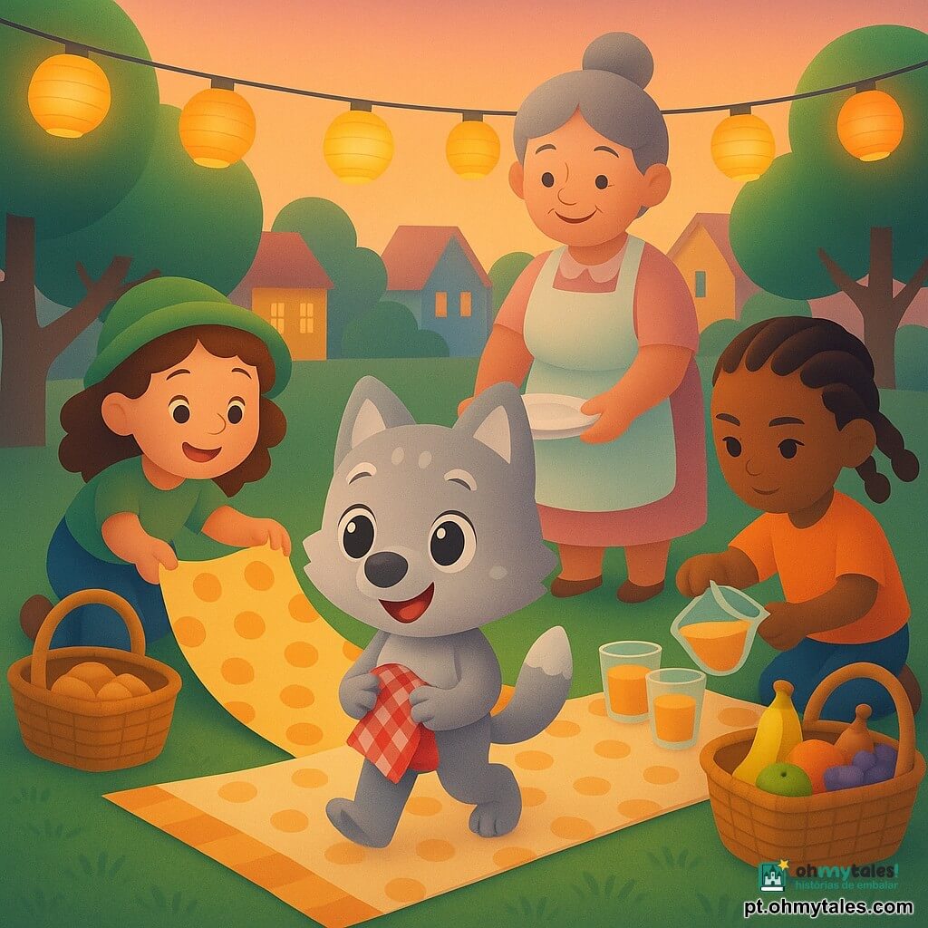 O personagem principal é um pequeno lobo antropomórfico chamado Léo, pelagem cinza-claro com manchas brancas, sorridente e segurando uma toalha xadrez vermelha e branca rumo à manta de piquenique; à esquerda, a menina Luca, cabelos castanhos encaracolados e chapéu verde, desenrola uma manta de bolinhas e ajuda com cestas; à direita, um rapaz de tranças e pele bronzeada serve suco em copos transparentes perto de uma cesta de frutas; atrás, Dona Rosa, adulta de cabelo grisalho preso em coque e avental em tons pastéis, arruma pratos orgulhosa; cenário: parque de vila ao crepúsculo com relva verde, árvores estilizadas, casas coloridas, guirlandas de luzes de papel e céu alaranjado; piquenique coletivo de partilha com cestas abertas contendo biscoitos, frutas e utensílios, atmosfera calorosa, cores vivas e formas simples, composição centrada em Léo que reúne o grupo.