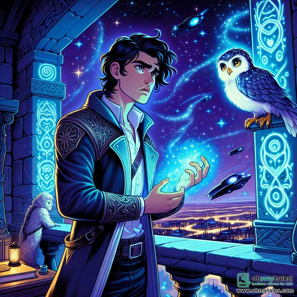 Orion Blackstar, a young man with hair as black as space and eyes shining like stars, stands on the balcony of his imposing fortress. His face shows a mix of determination and worry as he holds a blue glow in his hand, a symbol of his magic. Beside him, a small winged creature, a shimmering owl with silver feathers, watches him with wise eyes, ready to assist him in his quest. The balcony is lined with ancient stones adorned with glowing runes, overlooking a futuristic city with flickering lights, where dark spaceships float in the starry sky. The scene is filled with tension as Orion prepares to make a crucial choice, contemplating three glowing portals before him, each promising a different adventure in enchanted worlds.