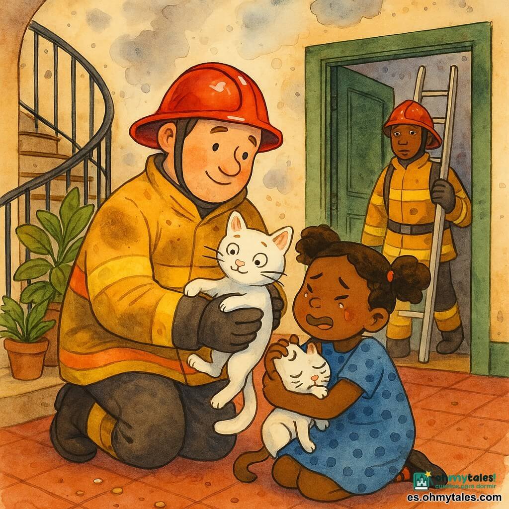 Un bombero sonriente y serio, casco rojo brillante, chaqueta amarilla reflectante con algo de hollín, rostro redondo, barba corta y mirada amable, sostiene en brazos a un pequeño gato blanco de ojos grandes y confiados; una niña de unos 7 años, pelo castaño en coletas y vestido azul de lunares, arrodillada junto al bombero, abraza al gato llorando de alivio; un compañero bombero de unos 30 años, casco y escalera detrás, con el rostro concentrado, junto a la puerta del edificio listo para ayudar; lugar: recibidor con escalera de caracol y paredes crema manchadas de humo, plantas en el rellano y suelo de baldosas rojo oscuro; situación: el bombero acaba de encontrar el gato perdido en el rellano y se lo devuelve a la niña; ambiente cálido y reconfortante, rayos de sol suaves, humo disipándose, gestos tiernos y el equipo al fondo listo para marcharse.