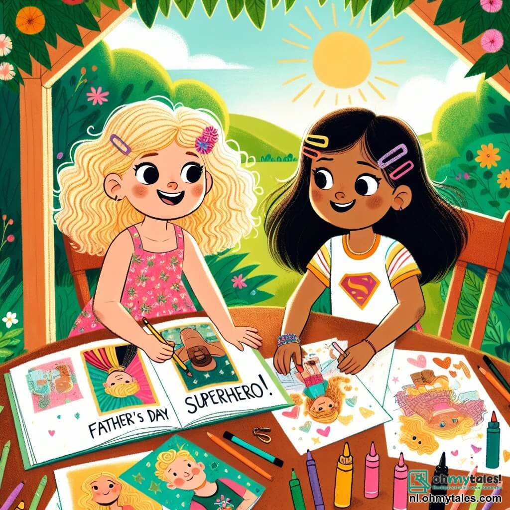 Twee meisjes, Tessa en Noor, van 10 jaar oud, staan centraal op de afbeelding. Tessa heeft krullend blond haar en draagt een roze jurk met bloemenpatronen, terwijl Noor steil zwart haar heeft en een kleurrijk t-shirt draagt met clips in haar haar. Ze zitten aan een grote houten tafel in een zonnige tuin, omringd door groene bladeren en kleurrijke bloemen. De tuin is vol met stralende bloemen, met vlinders die rondvliegen en een heldere blauwe lucht op de achtergrond. Op de tafel liggen kleurpotloden, papier, lijm en glitter, wat getuigt van hun creatieve activiteit. De twee meisjes werken samen aan een stripboek over superhelden dat ze hebben gemaakt voor Vaderdag, met stralende glimlachen op hun gezichten. Tessa laat trots een illustratie van haar vader als superheld zien, terwijl Noor details aan haar eigen pagina toevoegt, wat een vrolijke en fantasierijke sfeer creëert.