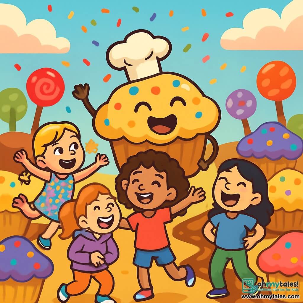 There are 4 children: - Mia: a 9-year-old girl with curly brown hair, wearing a pink t-shirt and denim shorts. She stands in the center with her arms outstretched and a big smile. - Zoe: a 9-year-old girl with braided blonde hair, dressed in a colorful floral dress. She is to the left of Mia, jumping for joy with stars in her eyes. - Lily: a 9-year-old girl with straight black hair, wearing a blue t-shirt and green pants. She is to the right of Mia, laughing heartily with her hands on her hips. - Emma: a 9-year-old girl with red hair in a ponytail, dressed in a purple hoodie. She is behind Mia, holding her belly while laughing, ready to fall over. The setting is a magical dimension filled with giant colorful muffins, candy trees, and chocolate rivers sparkling under a pastel blue sky. Marshmallow clouds float above them, and colorful confetti gently falls around. The main scene shows the children joyfully dancing with a giant muffin wearing a little chef's hat, all laughing together in a festive and playful atmosphere, surrounded by dancing muffins and sweet decorations.