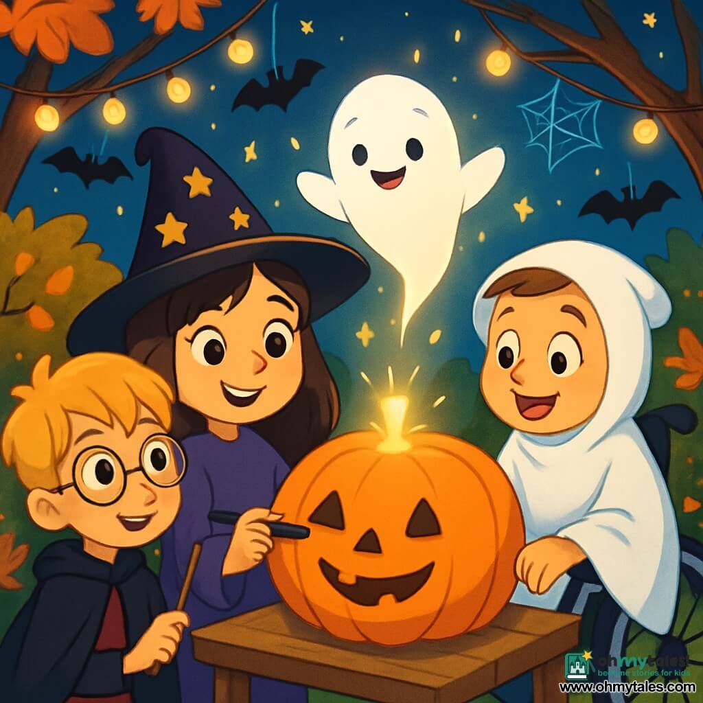 There are three characters: - Lily: a 9-year-old girl with long brown hair and sparkling eyes. She wears a black witch hat adorned with golden stars and a purple witch costume. She stands in the center, smiling, holding a marker. - Jack: a 9-year-old boy with messy blonde hair and round glasses. He is dressed as a young wizard, with a black cape and a magic wand in hand. He is to Lily's left, looking at the pumpkin with curiosity. - Sam: a 9-year-old boy in a wheelchair, with brown hair and a big smile. He wears a white sheet with holes for eyes, representing a friendly ghost. He is to Lily's right, leaning toward the pumpkin, listening attentively. The setting is an autumn garden filled with colorful leaves, featuring a large orange pumpkin on a wooden table. Twinkling fairy lights hang in the trees, and Halloween decorations like paper bats and spider webs are scattered around. The sky is a deep blue, dotted with bright stars. The main scene shows the three friends drawing a friendly face on the pumpkin, while a small sparkling light emerges from the top of the pumpkin, revealing an adorable ghost named Pippin, joyfully floating above them.