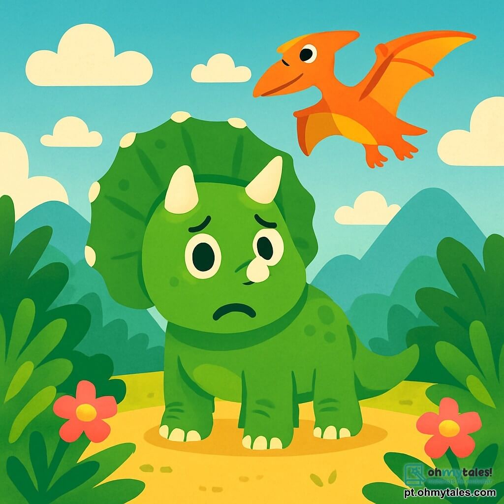 Um tricératops adorável, com pele verde brilhante e chifres brancos, exibe uma expressão de preocupação em seu rosto. Ele está no meio de uma clareira ensolarada, cercado por grandes samambaias e flores rosas. Ao seu lado, um pequeno pteranodon com asas laranja vivo voa no céu azul, observando a cena com curiosidade. Ao fundo, montanhas suaves se desenham sob um céu salpicado de nuvens fofas. Tico, o tricératops, ouve um barulho alto e tremulante e tenta entender de onde vem, pronto para ajudar seus amigos.