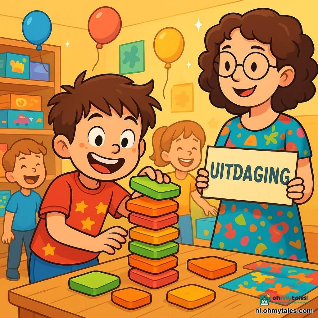 Een 6-jarig jongetje, Timo, met rommelig bruin haar en een grote stralende glimlach, is bezig een toren van brood te bouwen met kleurrijke stukjes brood. Hij draagt een rode t-shirt met sterren en een blauwe short, en zijn blik is gevuld met opwinding en vastberadenheid. Naast hem kijkt Juf Noor, een vrouw van ongeveer 30 jaar met ronde bril en krullend haar, met een glimlach toe terwijl ze een groot bord vasthoudt dat de uitdaging aankondigt. Ze is gekleed in een kleurrijke jurk versierd met speelmotieven. De setting is de Spel Bibliotheek, een levendige en speelse plek vol met kleurrijke speldozen, puzzels op tafels en planken vol speelgoed. Ballonnen zweven aan het plafond en fonkelende lichten creëren een vrolijke sfeer. Timo is geconcentreerd bezig met het opstapelen van broodstukken terwijl hij probeert zijn toren niet om te laten vallen, terwijl vrienden om hem heen lachen en hem aanmoedigen, wat een gevoel van kameraadschap en plezier creëert.