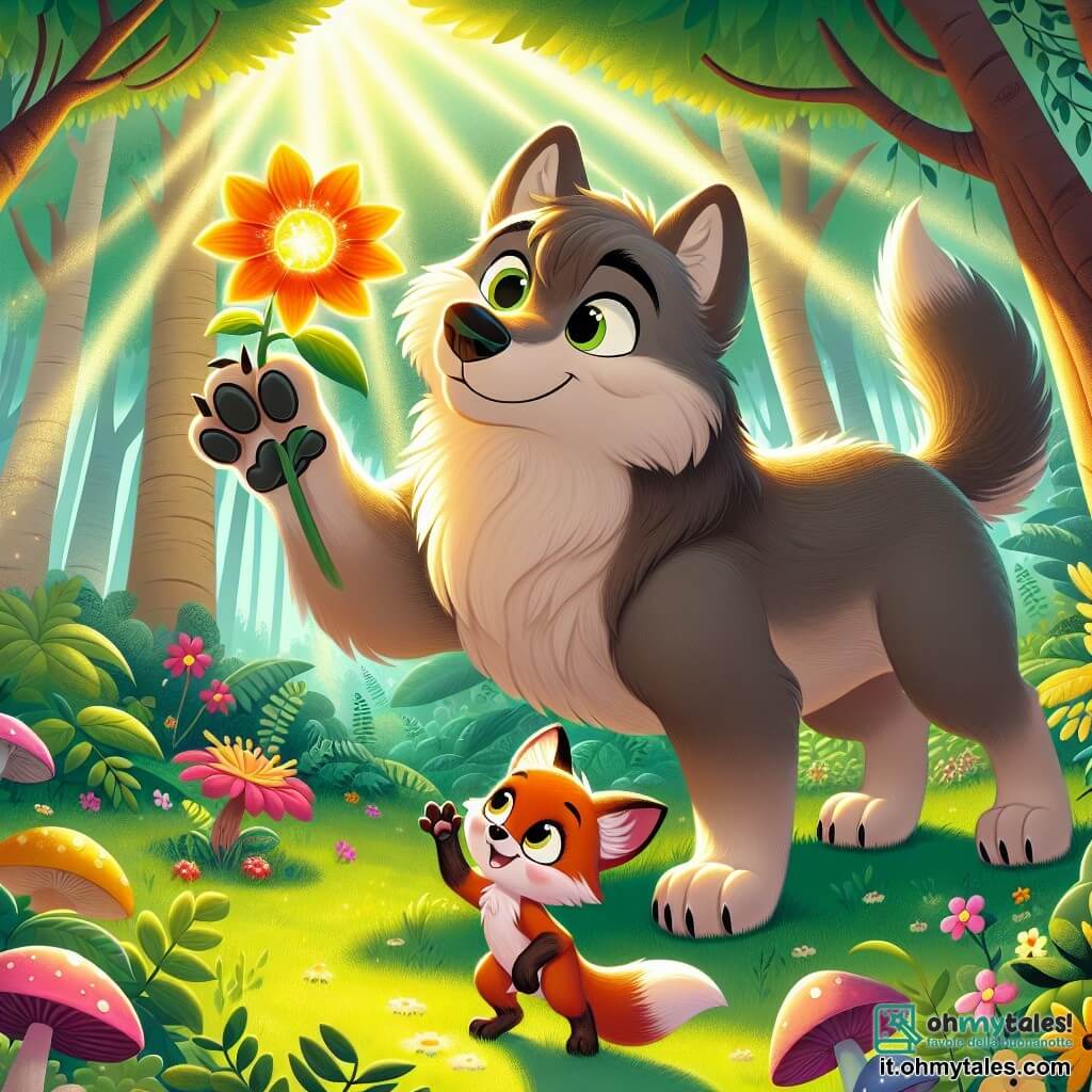 Un lupo di nome Lupo Bruno, con un morbido pelo marrone, grandi occhi curiosi e un sorriso amichevole, si trova al centro della scena, con le zampe anteriori sollevate, pronto a toccare un magnifico fiore colorato che brilla di mille colori. Accanto a lui, una piccola volpe di nome Volpe Rossa, con un pelo vivace e occhi scintillanti di malizia, salta gioiosamente, le zampe posteriori in aria, piena di entusiasmo per l'avventura che li attende. La scena si svolge in una foresta incantata, dove alberi maestosi si ergono verso il cielo, le loro foglie verdi danzano al vento e i raggi di sole filtrano tra i rami, illuminando il terreno cosparso di fiori colorati e funghi. Lupo Bruno e Volpe Rossa stanno per vivere un'avventura magica, mentre Lupo Bruno tocca il fiore scintillante, pronto a librarsi in aria per esplorare il meraviglioso mondo che li circonda.