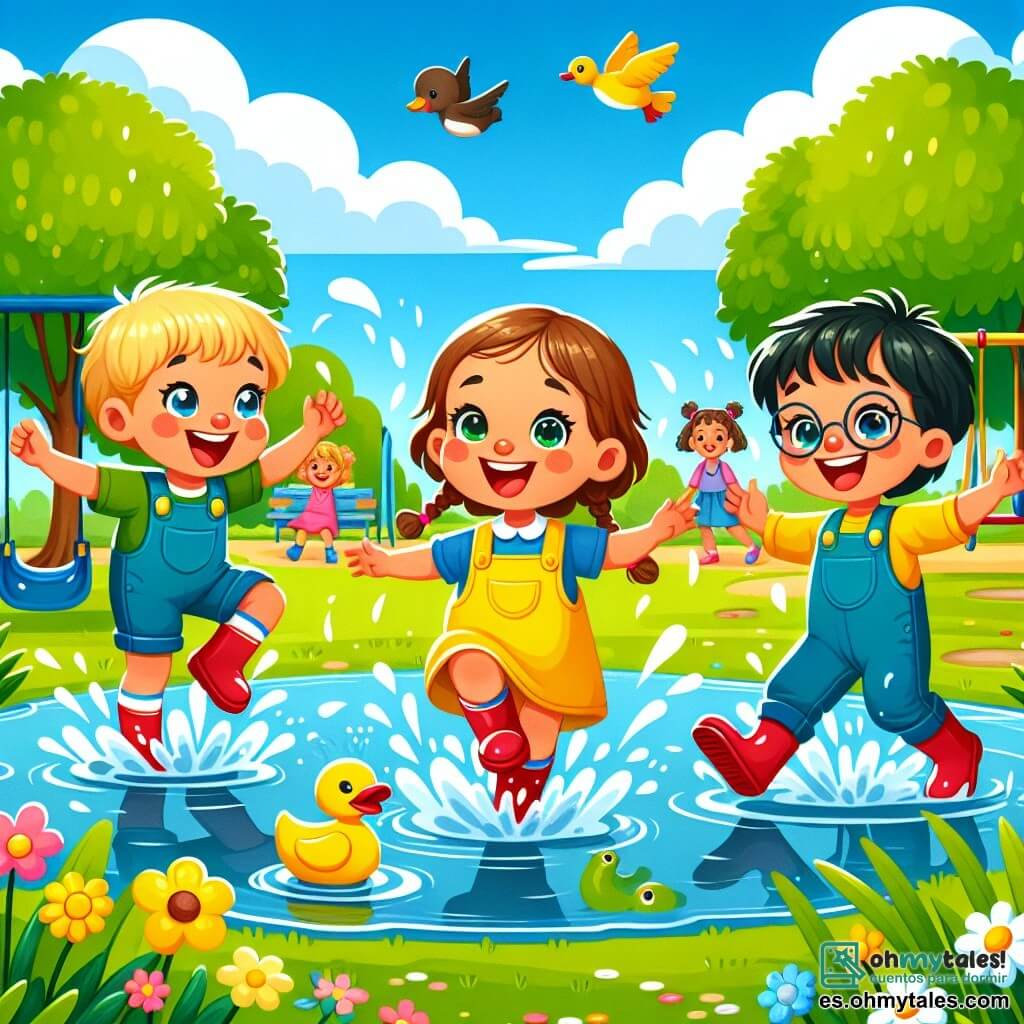 Un niño pequeño de 2 años, con cabello castaño desordenado y grandes ojos brillantes, ríe a carcajadas mientras salta en un gran charco. Lleva un overol de lluvia amarillo brillante y botas rojas, salpicando agua a su alrededor con alegría. A su lado, una niña de 4 años, Valentina, con trenzas rubias y una sonrisa radiante, levanta los brazos al aire, salpicando agua con sus botas rosas. Otro niño, Tomás, también de 4 años, con gafas redondas y cabello negro, observa un pato que nada cerca de la orilla, con aire curioso y asombrado. El escenario es un parque verde, lleno de árboles con hojas brillantes y un cielo azul claro con algunas nubes blancas. A lo lejos se pueden ver flores de colores y niños jugando en columpios. La situación principal muestra a los cuatro amigos divirtiéndose juntos en el charco, riendo y jugando como peces en el agua, creando salpicaduras a su alrededor, llenos de alegría y amistad.