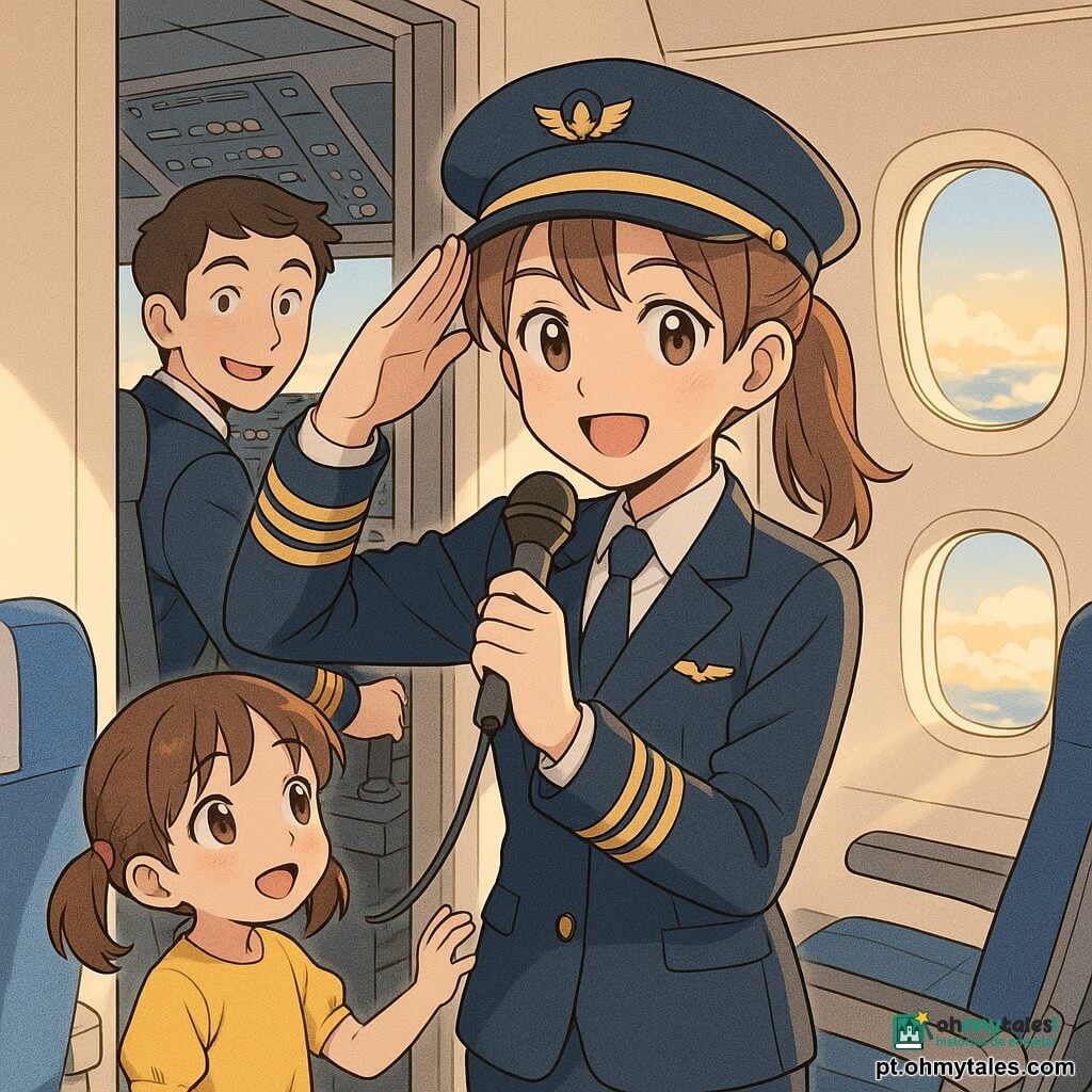 Uma mulher, a capitã Clara, sorridente e confiante, cabelos castanhos presos em rabo de cavalo, uniforme azul-marinho com galões dourados e microfone na mão, está na porta do cockpit saudando os passageiros; o copiloto João, com uniforme combinando e olhar divertido, está atrás dela com a mão num manche; uma menina de cerca de 6 anos, Sofia, olhos arregalados, vestido amarelo e cabelos castanhos em maria-chiquinhas, puxa levemente o uniforme observando maravilhada no corredor; interior do avião claro com assentos azuis e janelas redondas mostrando um vasto oceano de nuvens brancas e douradas sob luz morna da manhã; atmosfera alegre e segura, composição centrada em Clara, estilo mangá colorido com traços suaves e paleta pastel com toques de azul e amarelo.