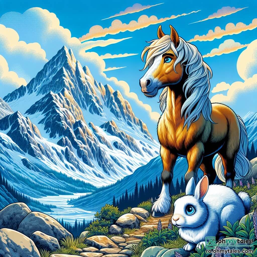 Un cal majestuos numit Arion, cu o blană strălucitoare și ochi albaștri, se află pe un drum de munte, având o expresie de hotărâre, privind un vârf de munte îndepărtat. Alături de el, un iepuraș alb cu ochi mari, speriați, așteaptă ajutorul său. Pe fundal, un peisaj montan spectaculos cu vârfuri acoperite de zăpadă și un cer albastru limpede. Arion se pregătește să pornească într-o aventură pentru a recupera Piatra Îndrumătoare, simbol al speranței, furată din valea sa, iar atmosfera este plină de anticipare și magie.