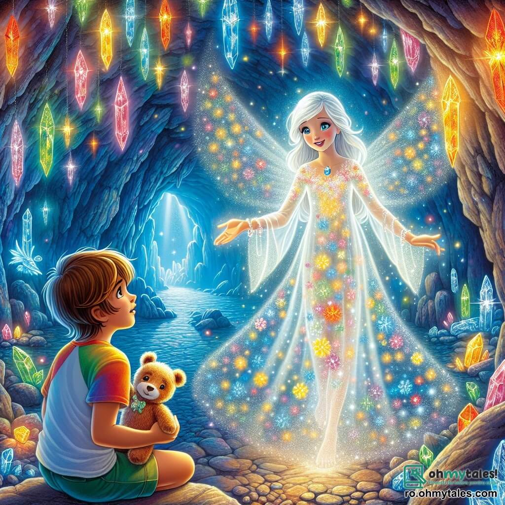 Într-o peșteră magnifică strălucitoare, plină de cristale colorate care reflectă lumina ca niște stele, se află Luminita, o fantomă binevoitoare. Are o apariție etereală, cu o rochie albă plutitoare împodobită cu motive florale luminoase. Fața ei este blândă și zâmbitoare, iar ochii ei strălucesc de o lumină caldă, exprimând bunătate și înțelepciune. Ea întinde mâna spre un băiețel, invitându-l să se apropie. Lângă ea, Andrei, un băiat de zece ani, cu părul castaniu și ochii strălucind de excitație, o privește pe Luminita cu uimire. Poartă un tricou colorat și o pereche de șorturi, ținând în brațe un urs de pluș numit Pufi, care pare aproape viu cu zâmbetul său prietenos. Peștera este iluminată de cristale multicolore care atârnă de tavan, creând o atmosferă magică și feerică. Umbrele dansează pe pereți, în timp ce picăturile de apă strălucesc ca diamante pe podea. Luminita îi explică lui Andrei importanța cristalelor și cum poate folosi magia inimii sale pentru a găsi bucuria. Andrei, captiv de cuvintele ei, ascultă cu atenție, pregătit să descopere secretele peșterii fermecate.