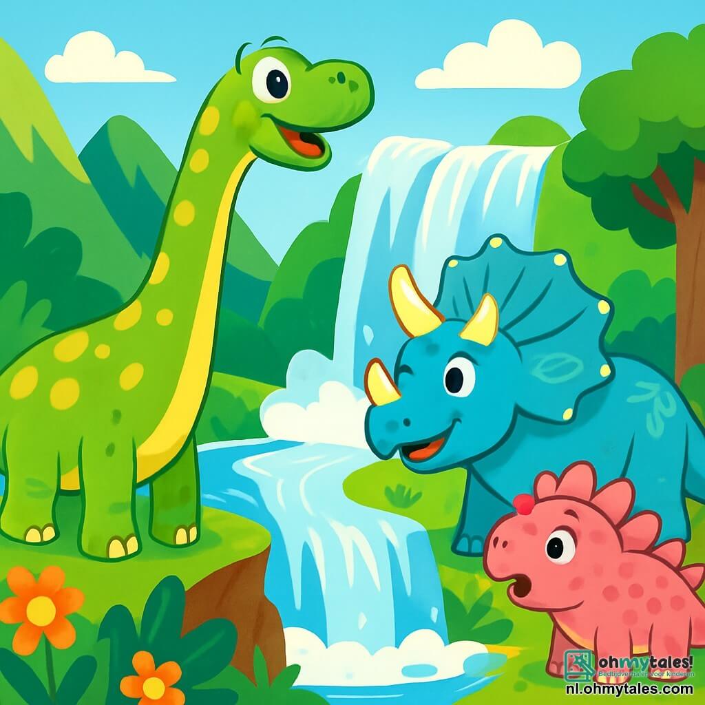 Een gigantische diplodocus met een lange nek en groen met gele vlekken staat aan de rand van een prachtige waterval. Hij heeft glanzende, nieuwsgierige ogen die zijn verwondering tonen. Naast hem kijkt een triceratops met majestueuze hoorns, een lichtblauwe huid en bladerenpatronen, met een vriendelijke glimlach naar de waterval. Een kleine stegosaurus met roze schubben staat iets verderop, met opengesperde ogen van verrassing. De omgeving is gevuld met grote groene bergen, kleurrijke bloemen en majestueuze bomen, wat een vrolijke en magische sfeer creëert. De scène toont het moment waarop de diplodocus de schoonheid van de natuur ontdekt, met een uitdrukking van vreugde en verwondering op zijn gezicht.