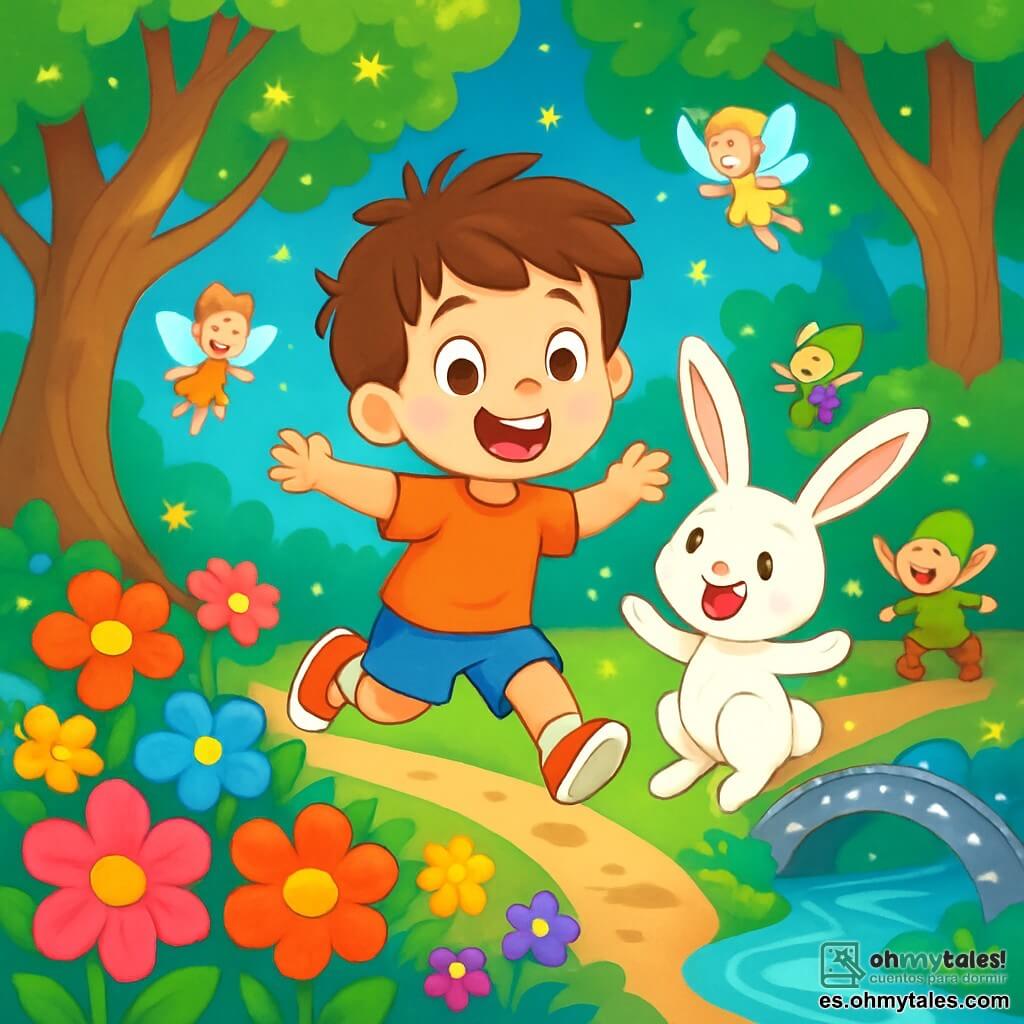 Un niño de 6 años, Lucas, con cabello castaño desordenado y ojos brillantes de curiosidad, salta alegremente en un carro de flores multicolores, su rostro radiante de emoción y felicidad. A su lado, un pequeño conejito blanco con grandes orejas y ojos brillantes, que sonríe al mirarlo, salta con él, creando una atmósfera lúdica y mágica. El escenario es un parque secreto, donde árboles de troncos retorcidos se elevan majestuosamente, sus hojas brillando como estrellas al sol. Flores cantantes de colores vivos rodean el camino, y un puente de estrellas brillantes cruza un pequeño arroyo que refleja el cielo azul. La situación principal muestra a Lucas y al conejito jugando juntos, rodeados de criaturas mágicas como hadas de alas luminosas y duendecillos traviesos que ríen y bailan a su alrededor, creando una atmósfera de alegría y aventura.